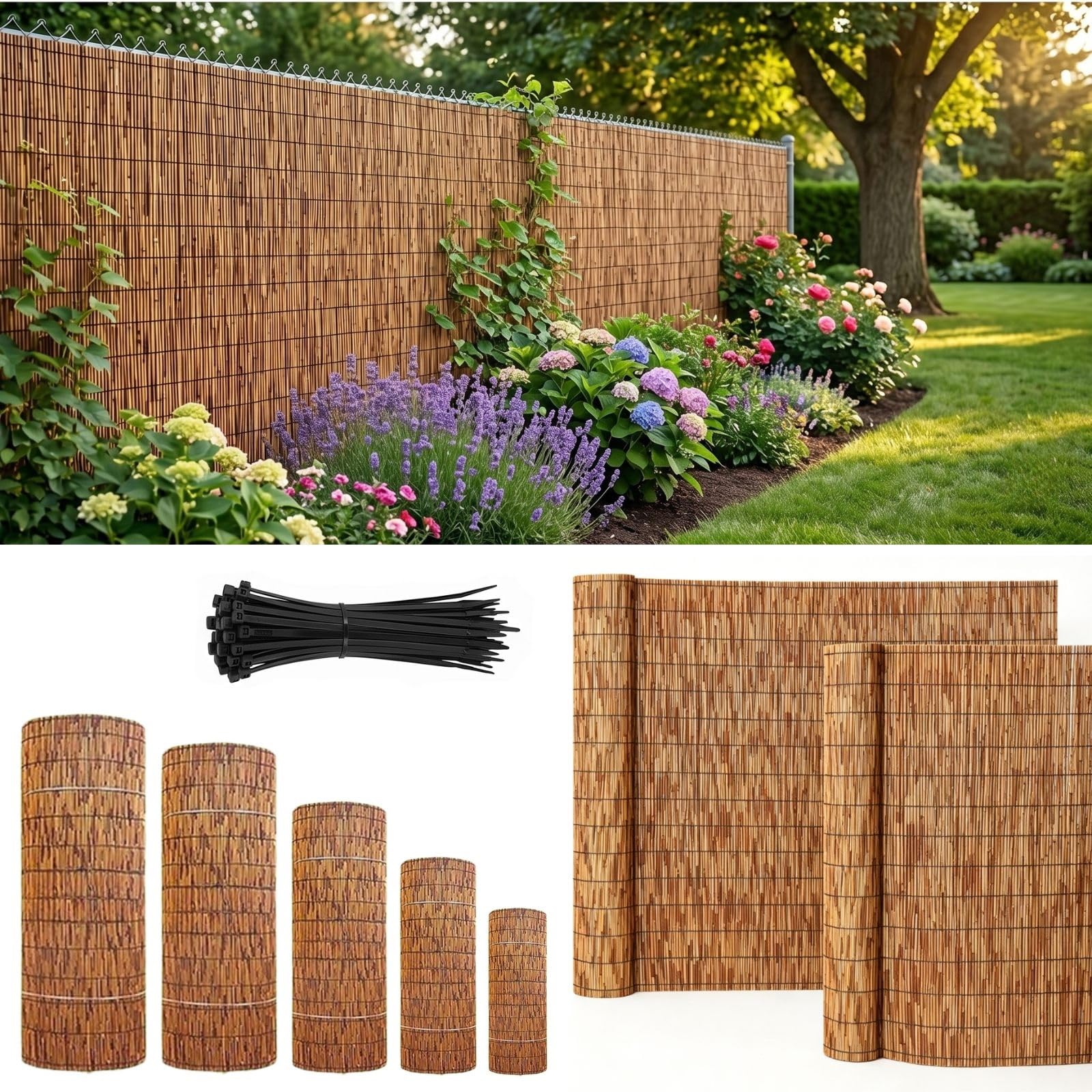 Stuoia in Canna Naturale per Privacy da Esterno 100/120/130/150/180 cm Arella in Bambù con Fascette Rotoli Recinzione Ombreggiante per Balcone Terrazza Piscina Giardino Gazebo Patio(H60xL300cm)
