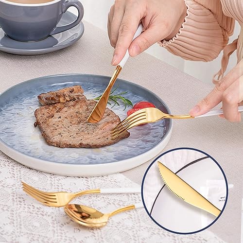 Miniatura 6 de Juego de cubiertos de acero inoxidable de 40 piezas, color oro blanco, para 8 personas, incluye tenedores, cucharas, cuchillos, utensilios para el