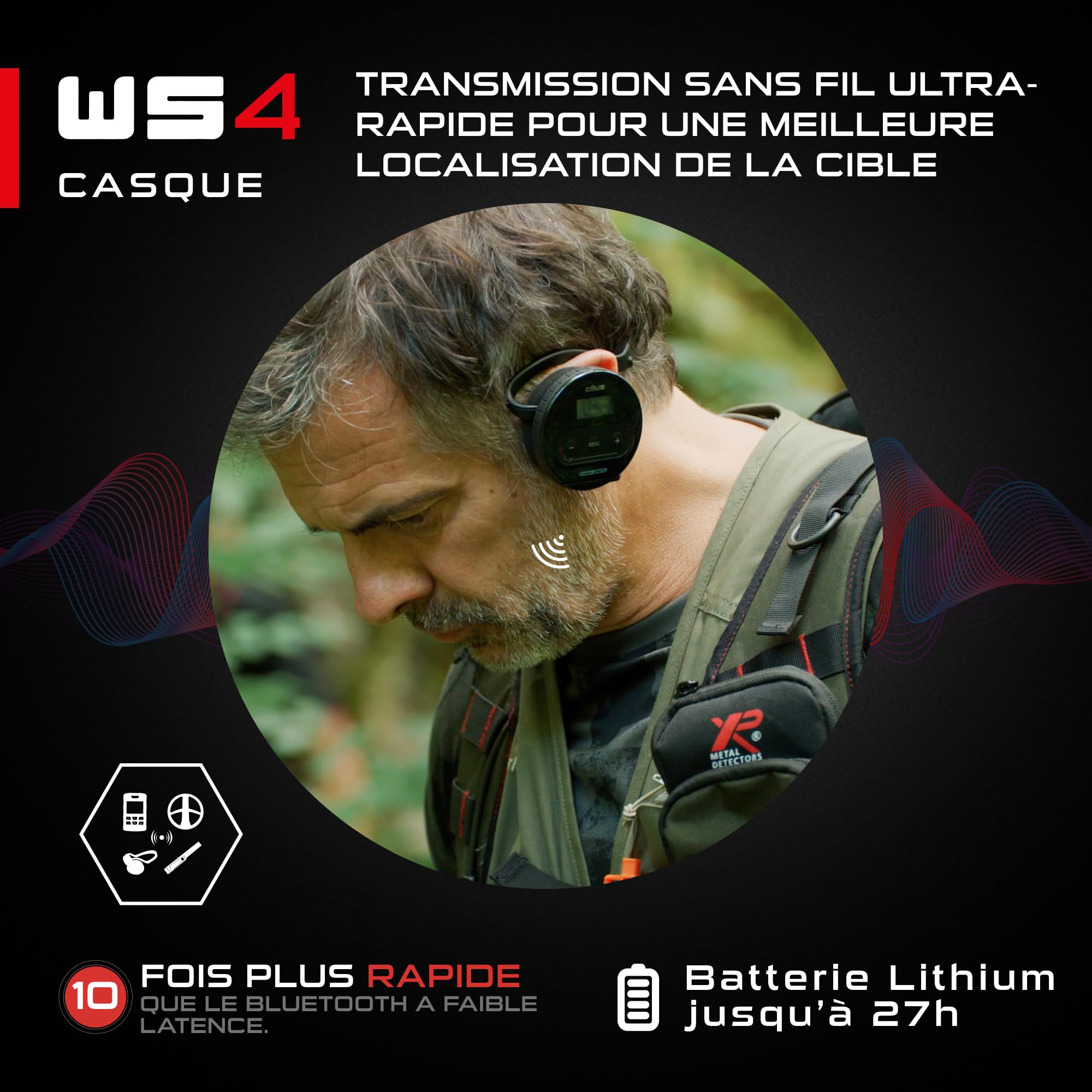 Casque sans-fil XP METAL DETECTORS WS4 pour détecteur de métaux Deus, imperméable, pliable, léger avec module détachable
