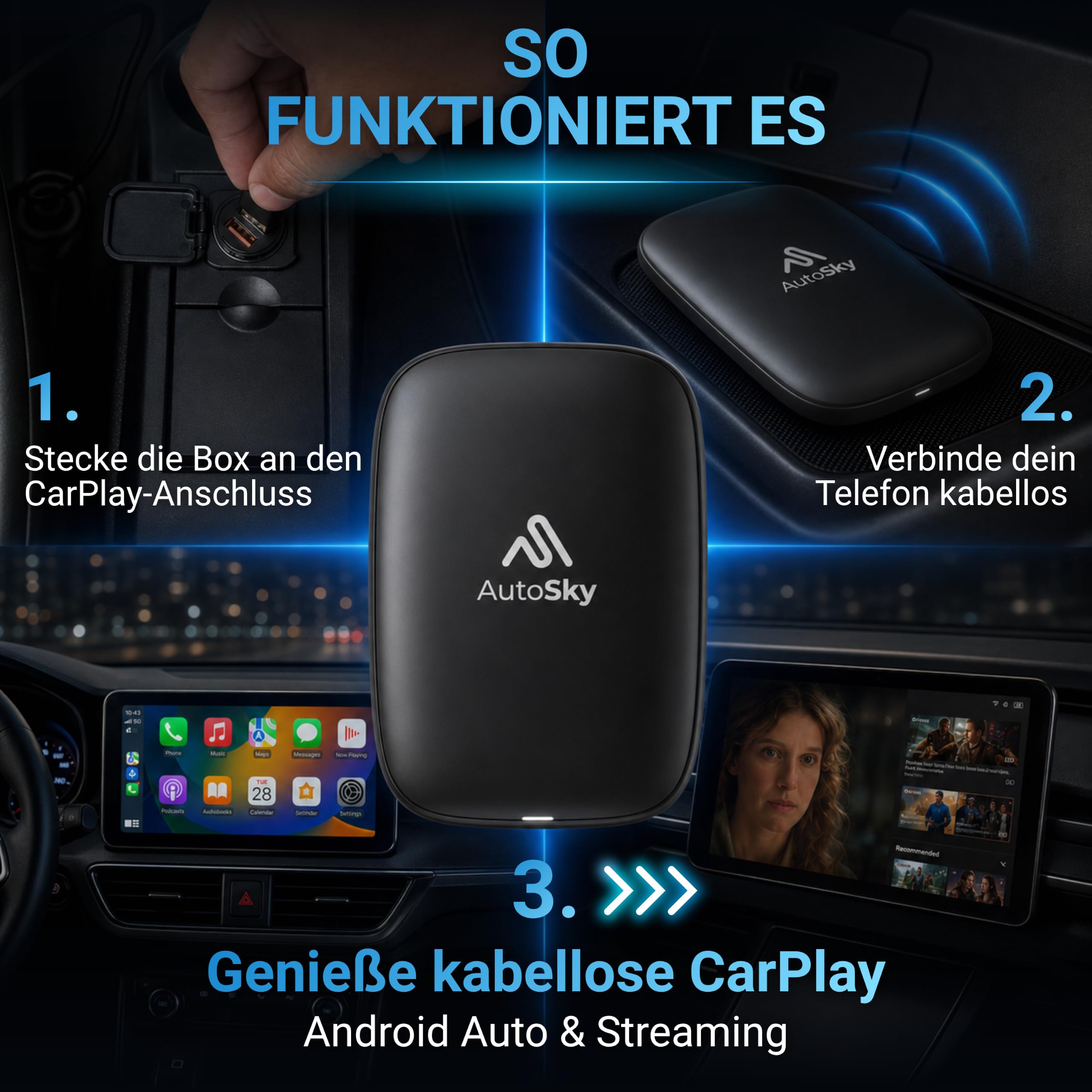 AutoSky Wireless CarPlay & Android Auto AI Box Lite für Fahrzeuge mit Wired CarPlay - Mit Netflix & YouTube - Hotspot Erforderlich - Plug & Play