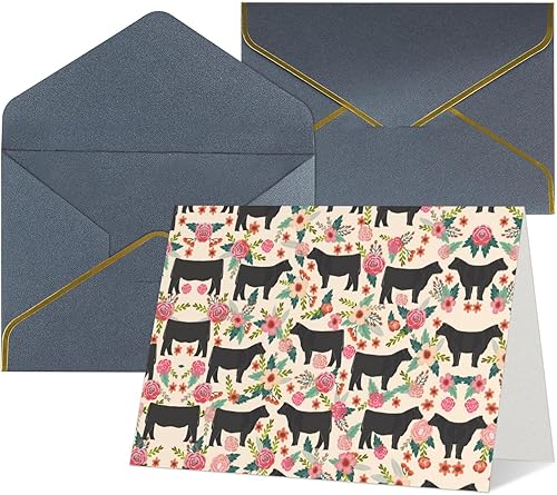 Miniatura 2 de MQGMZ Pink Flower Show Steer Cows Gattle Print Tarjetas de agradecimiento con sobres, tarjeta de felicitación clásica en blanco de papel perla de
