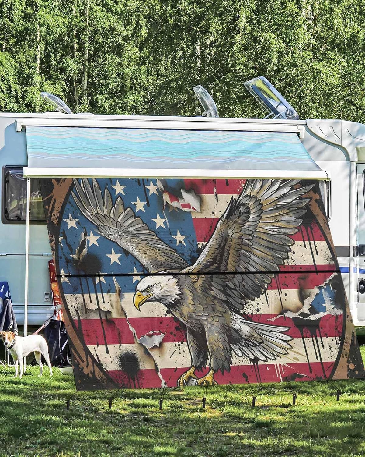 4th of July RV Awning Sun Shade Screen 9'X15.3' Bald Eagle Mesh Sunscreen Retro American Flag Graffiti Awning Shade Screen with Zipper UV Blocker Completed Kits Outdoor Canopy for RV Motorhome Camper