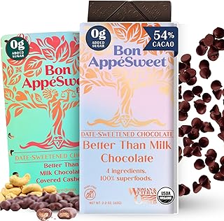 Bon Appesweet Date Sweetened Chocolate | Better Than Milk Chocolate Bar, Chocolate Chip and Covered Cashews | Variety (Pack of 3) | Zero Added Sugar, 54% Cacao, Plant Based, Dairy and Guilt Free!
