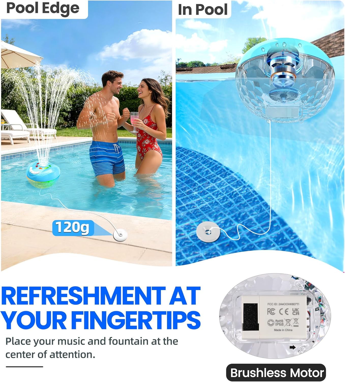 FluSing 3 in 1 Pool Fountain with Bluetooth Pool Speaker,Rechargeable Floating Pool Fountain with Light,Pool Water Fountain Pump IP68 Waterproof Pool Speaker,BT5.4,Above Ground Pool Fountain-LightBlue