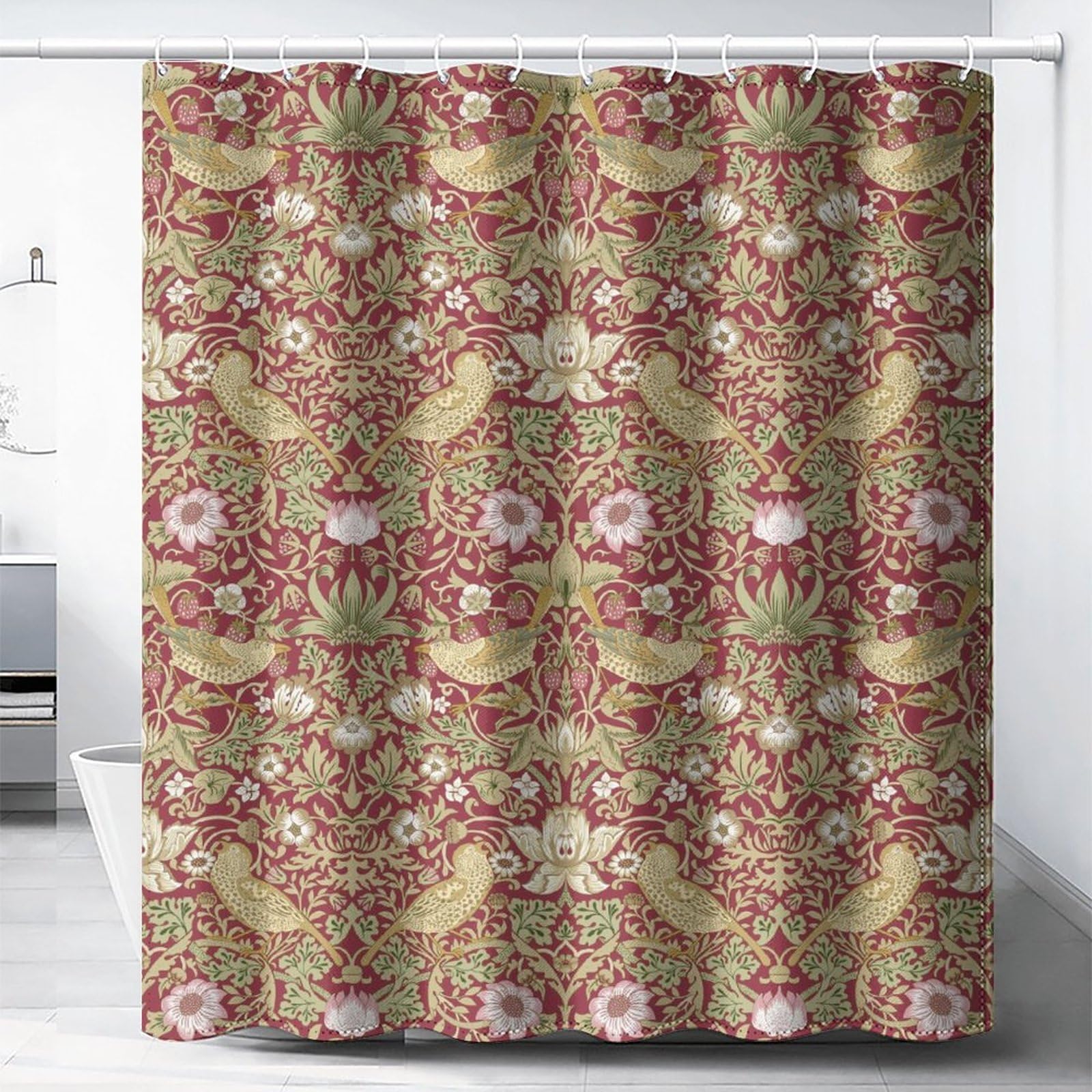 DDCBNS William Morris Floral Shower Curtain,Mid Century Vintage Flower Birds Plant Abstract Art Print Shower Curtain for Bathroom Decor Fabric Waterproof Upholstery Hook 72x72in Red
