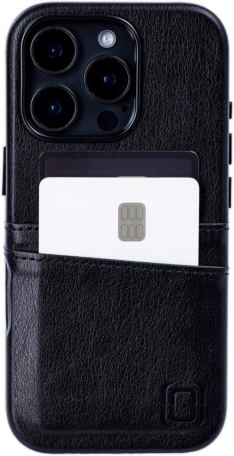 Dockem Card Case for iPhone 16 Pro with Built-in Metal Plate for Magnetic Mounting & 2 Card Holder Pockets: M2 Exec Premium Synthetic Leather Wallet Case (Black)