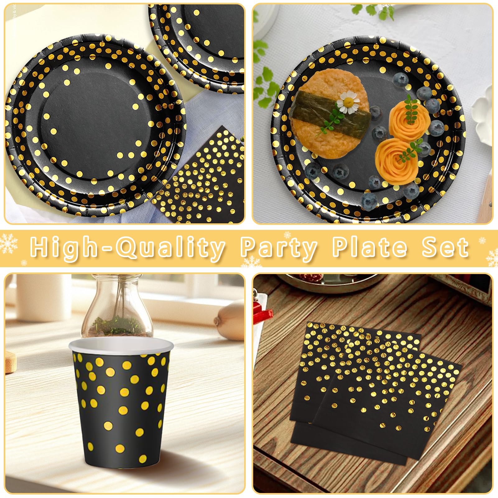 Nkaiso Platos y Vasos Desechables, 193 Piezas Oro Negro Vajilla Cumpleaños Infantil Juego para Fiestas Platos Carton Servilletas Cubiertos para Baby Shower Aniversarios -24 Invitado