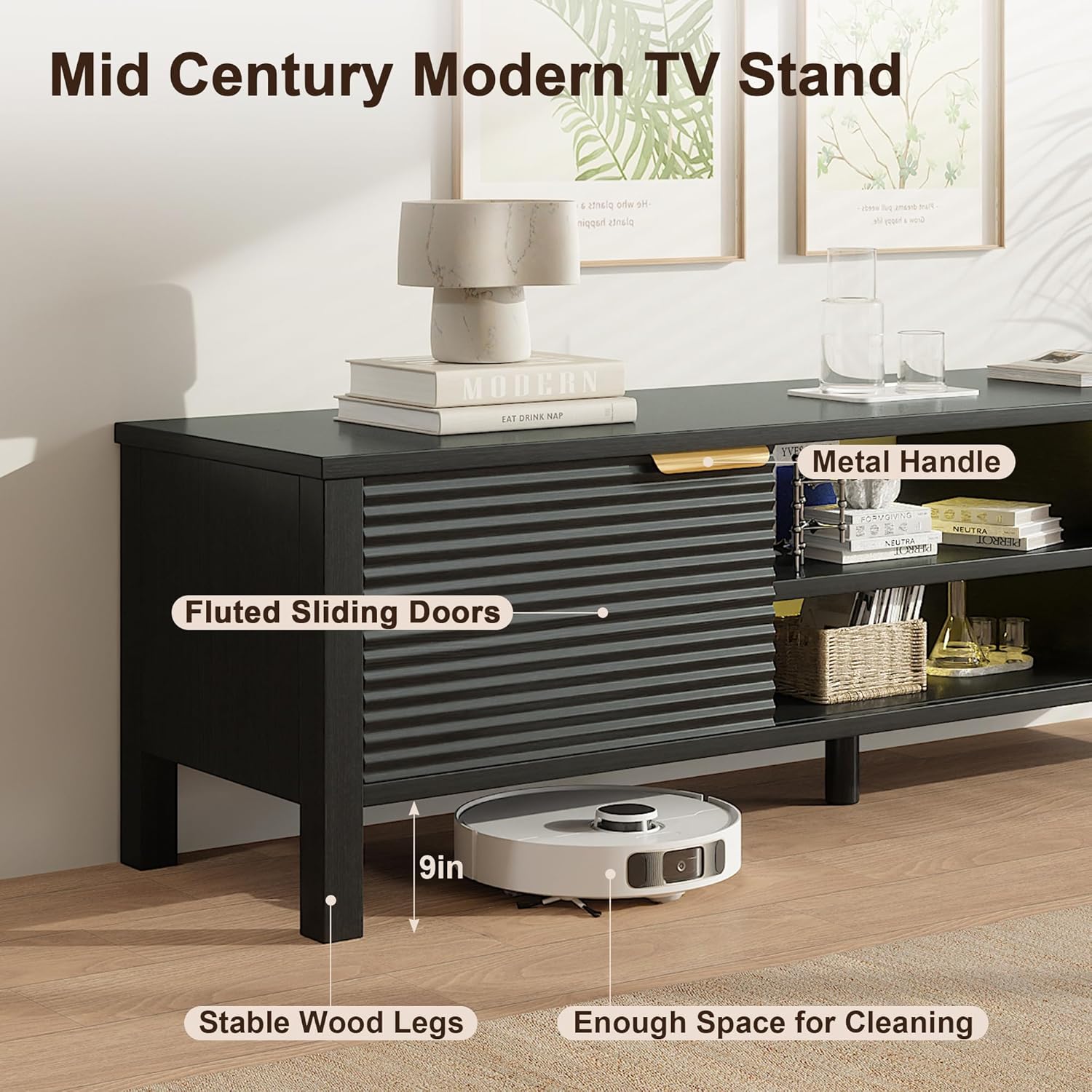 TV Stand for 55 60 65 inch TVs, Mid Century Modern Entertainment Center with Storage, LED Puck Lights, Sliding Door Cabinets & Open Shelves, Fluted TV Console Table for Living Room, Black