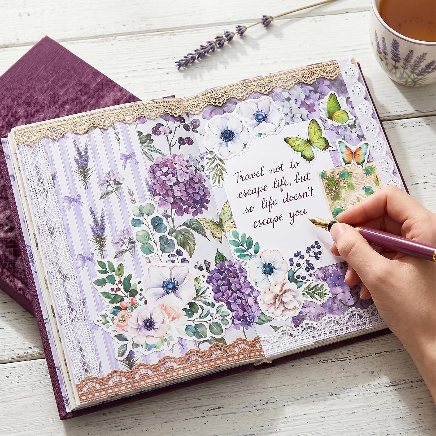 Purple Scrapbook Paper 12x12 Set, 24 Double-Sided Floral Cardstock with Lace Paper & PET Stickers, Junk Journal Supplies for Aesthetic DIY Crafts, Wedding, Girl Scrapbook & Journaling