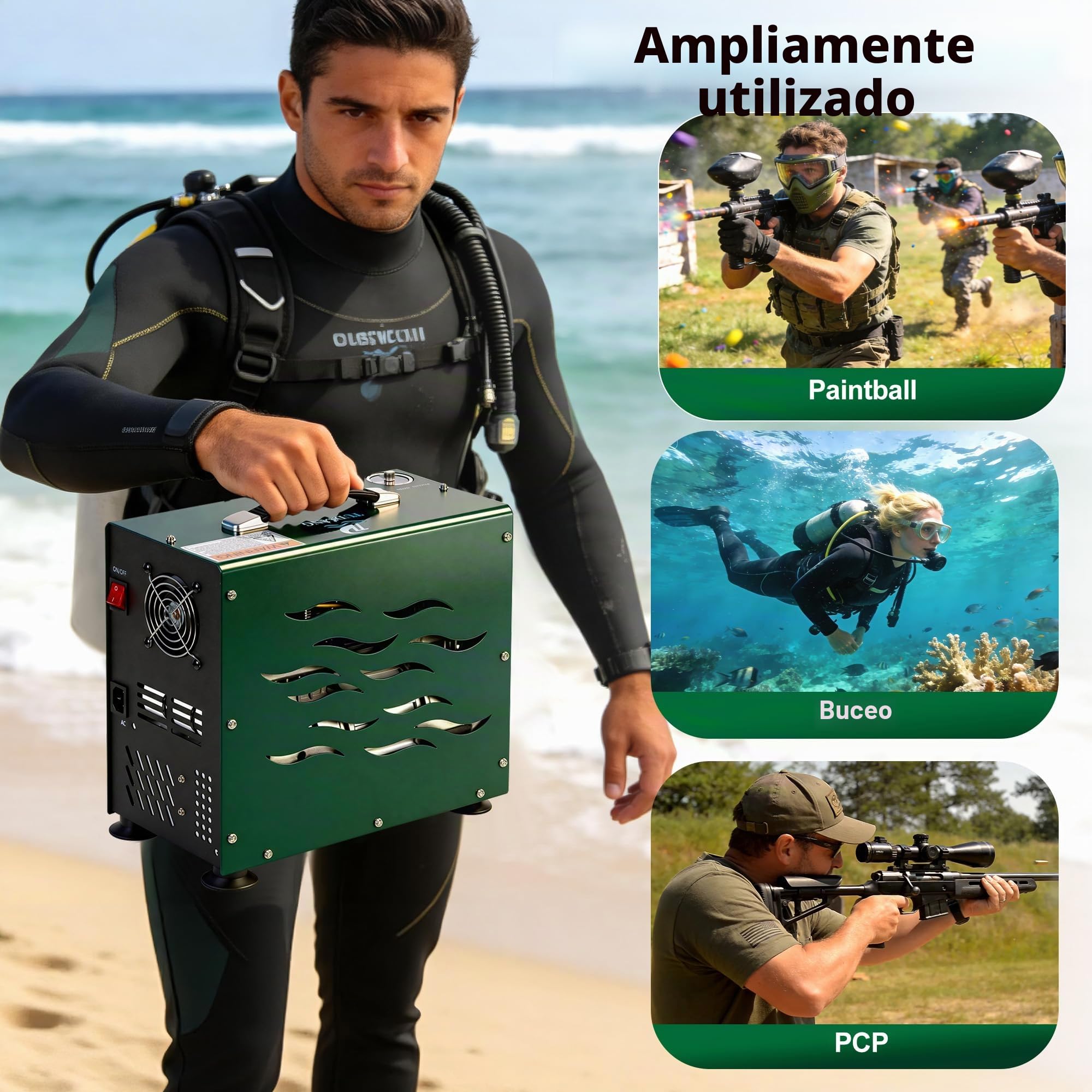 TUDIVING Compresor de buceo de 4500 psi, accionamiento de doble cilindro de 800 W, parada automática, inflado rápido, ventilador integrado, compresor para paintball, rifle de aire, tanque de buceo