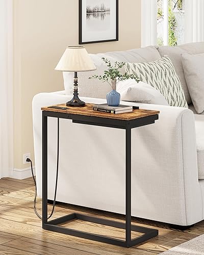 Miniatura 8 de TUTOTAK Mesa auxiliar en forma de C con estación de carga para sofá, mesa auxiliar inclinable en forma de C con bolsa de almacenamiento, bandeja de