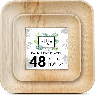 Chic Leaf Palm Leaf Plates Disposable Bamboo Plates Like 10 Inch & 7 Inch Square Party Pack (48 Pc) Compostable and Biodegradable - Better than Plastic and Paper Plates