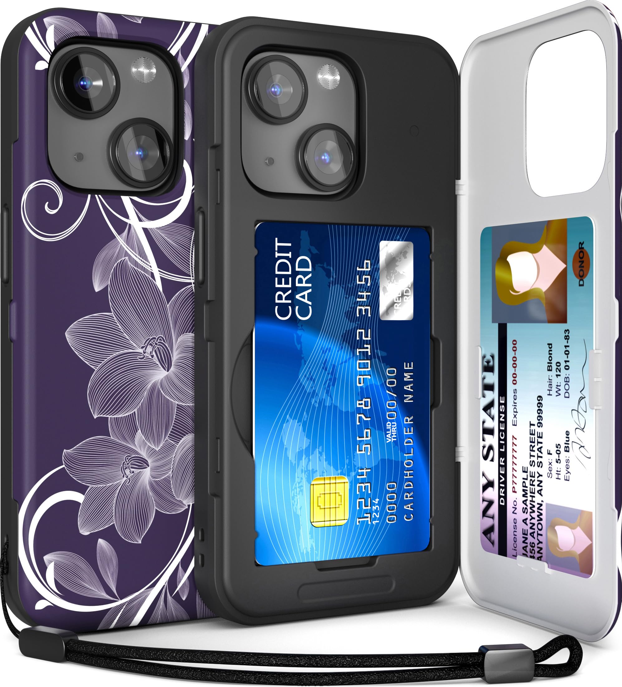 TORU CX Slim for iPhone 15 Case Wallet | Protective Shockproof Heavy Duty Cover with Hidden Card Holder & Card Slot | Mirror & Wrist Strap Included - Flowers