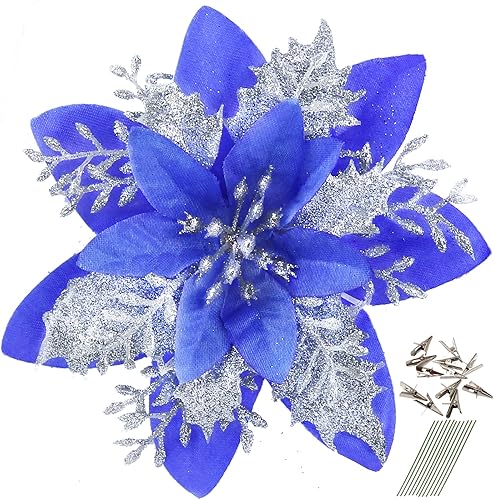 GREENTIME 12 flores de Pascua artificiales azules con purpurina de 5.5 pulgadas, flores de Navidad con clips, tallos de Navidad, adornos para árbol
