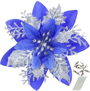 GREENTIME 12 Pcs Glitter Poinsettia 5.5" Artificial Flowers Christmas with Clips Stems Xmas Tree Ornaments for New Year Stairs Fireplace Porch Balcony Garden Church Wreath Decoration (Blue Silver)