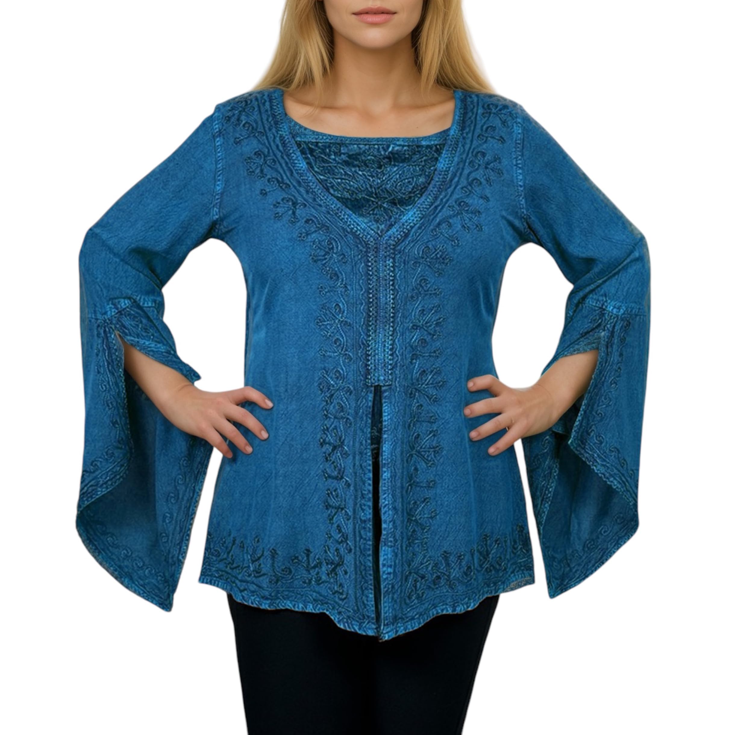 Agan TradersWomen’s 2025 Summer Long Bell Sleeve Embroidered Blouse - Elegant Tunic Bohemian Dress Tops for Women