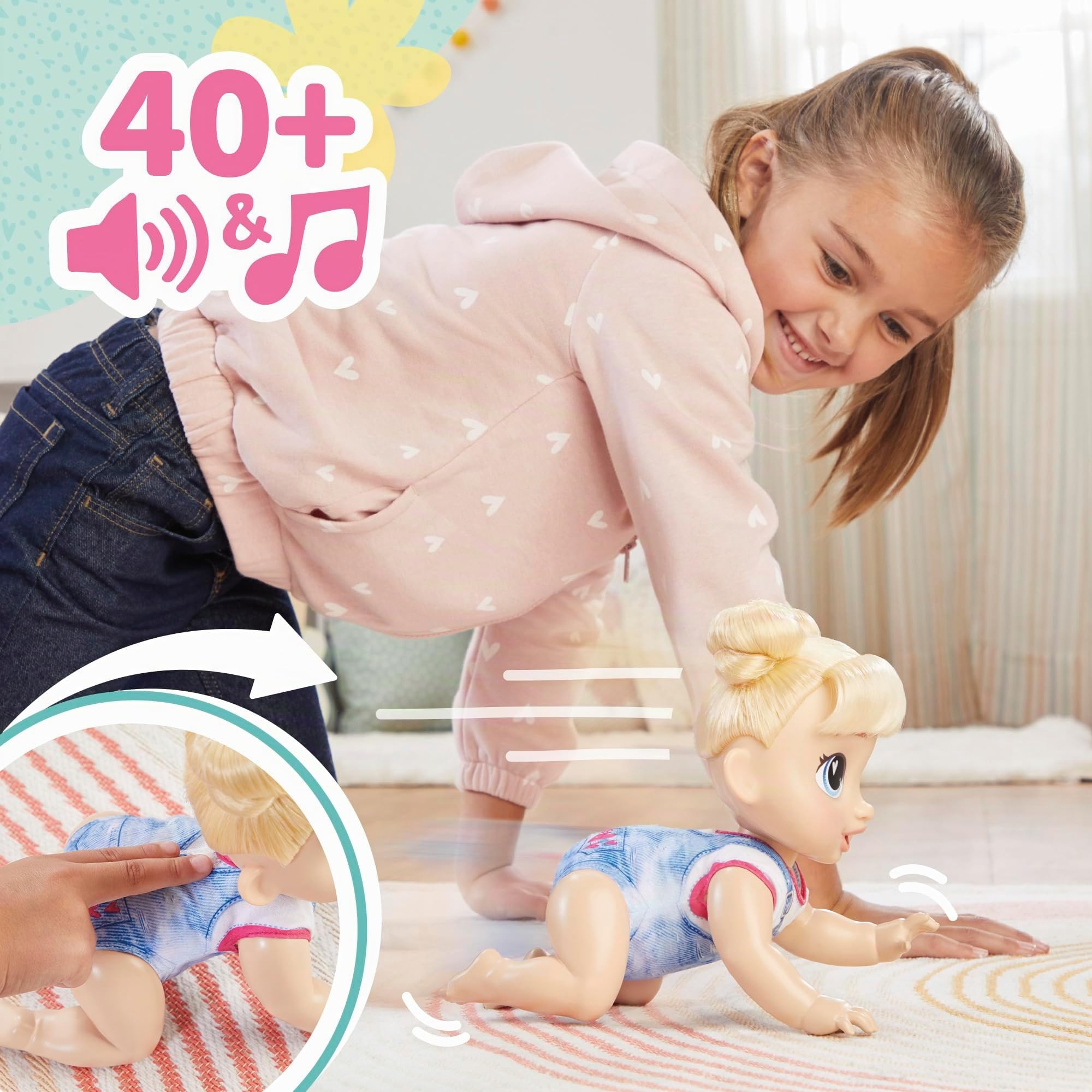 Baby Alive, Crawl 'n Play Harper Hugs, Set con Bambola realistica Elettronica Che Gattona, Capelli biondi, Giocattoli per Bambini e Bambine dai 3 Anni in su, 27 cm