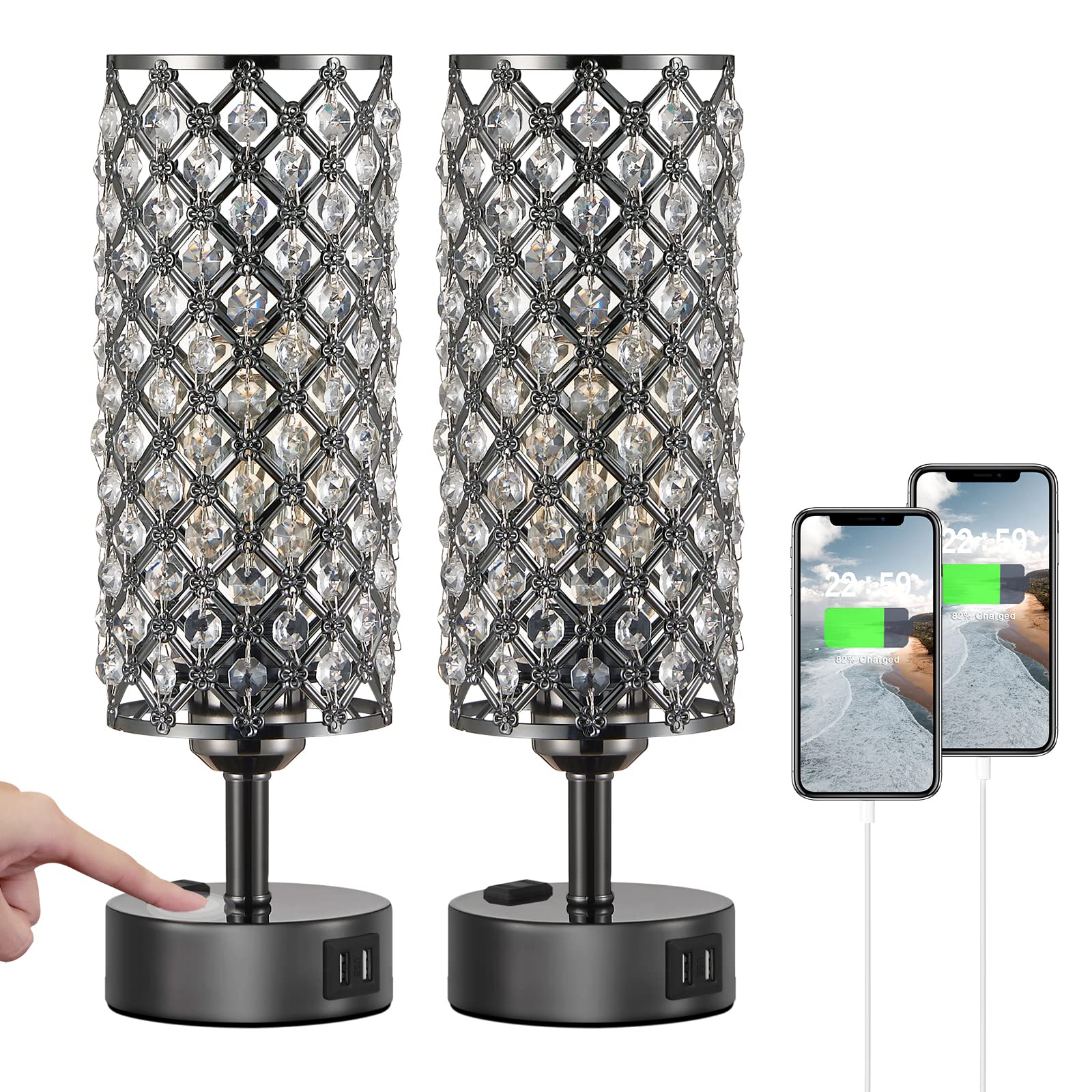 Acaxin Crystal Table Lamp for Bedroom Touch Control Set of 2, 3 Way Dimmable, Modern Black Bedside n