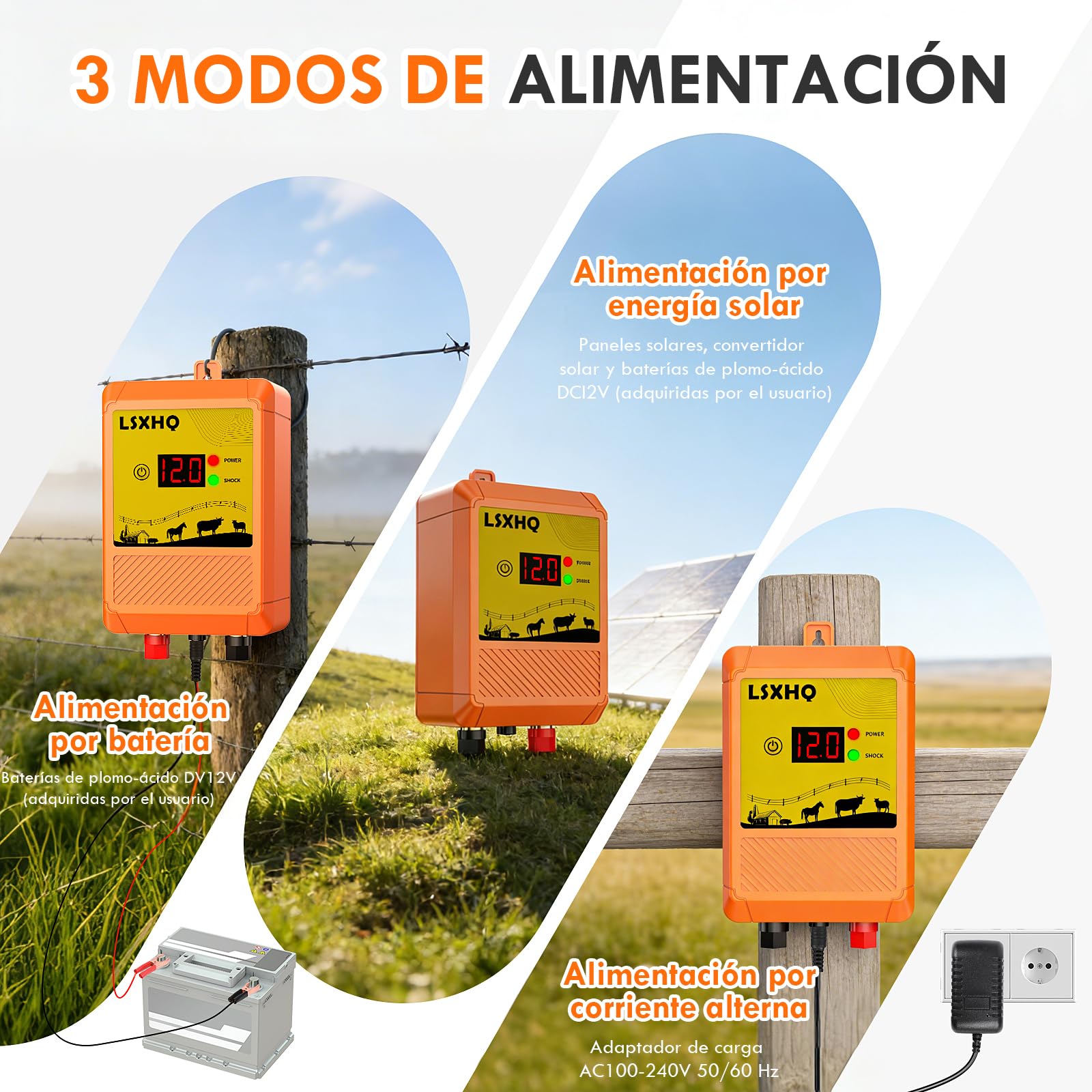 10 km Cerca Eléctrica para Ganado y Animales, Energizador de Cerca Eléctrica de Corriente de Salida 12 kV 2,0 J con Pantalla LED, Protección para Caballos, Ovejas, Jardín, Pastos y Granja (Naranja)