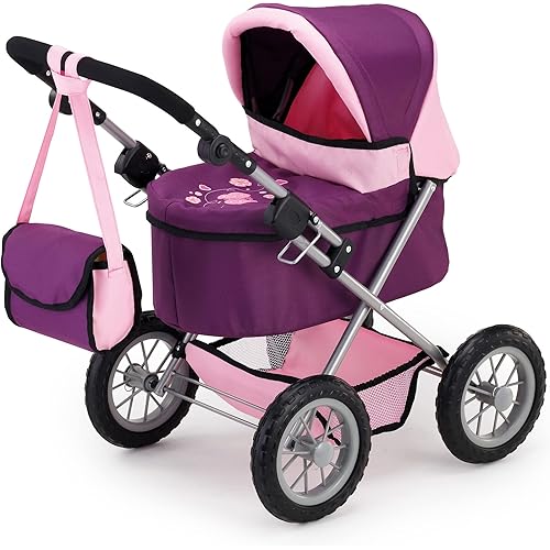Bayer Design Dolls: Trendy Pram - Purple & Pink - Includes Shoulder Bag, Fits Dolls Up to 18", Adjustable Handle, Kids Pretend Play, Shopping Basket, Easy to Fold, Ages 3+