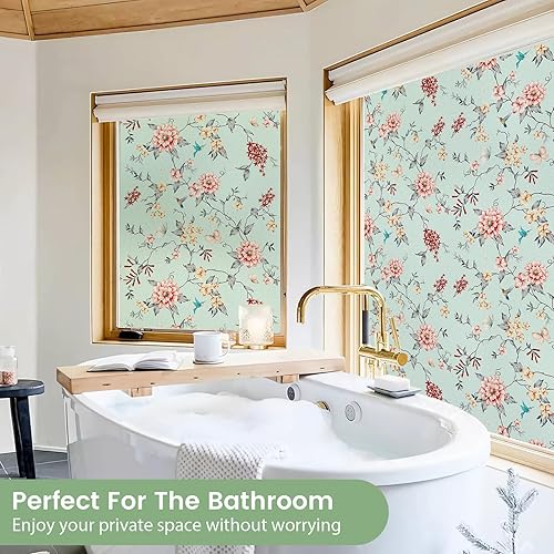 Miniatura 6 de DKTIE Película para ventana de vidrieras con kit de instalación, no adhesiva, se adhiere por estática, extraíble, patrón floral retro, protección de