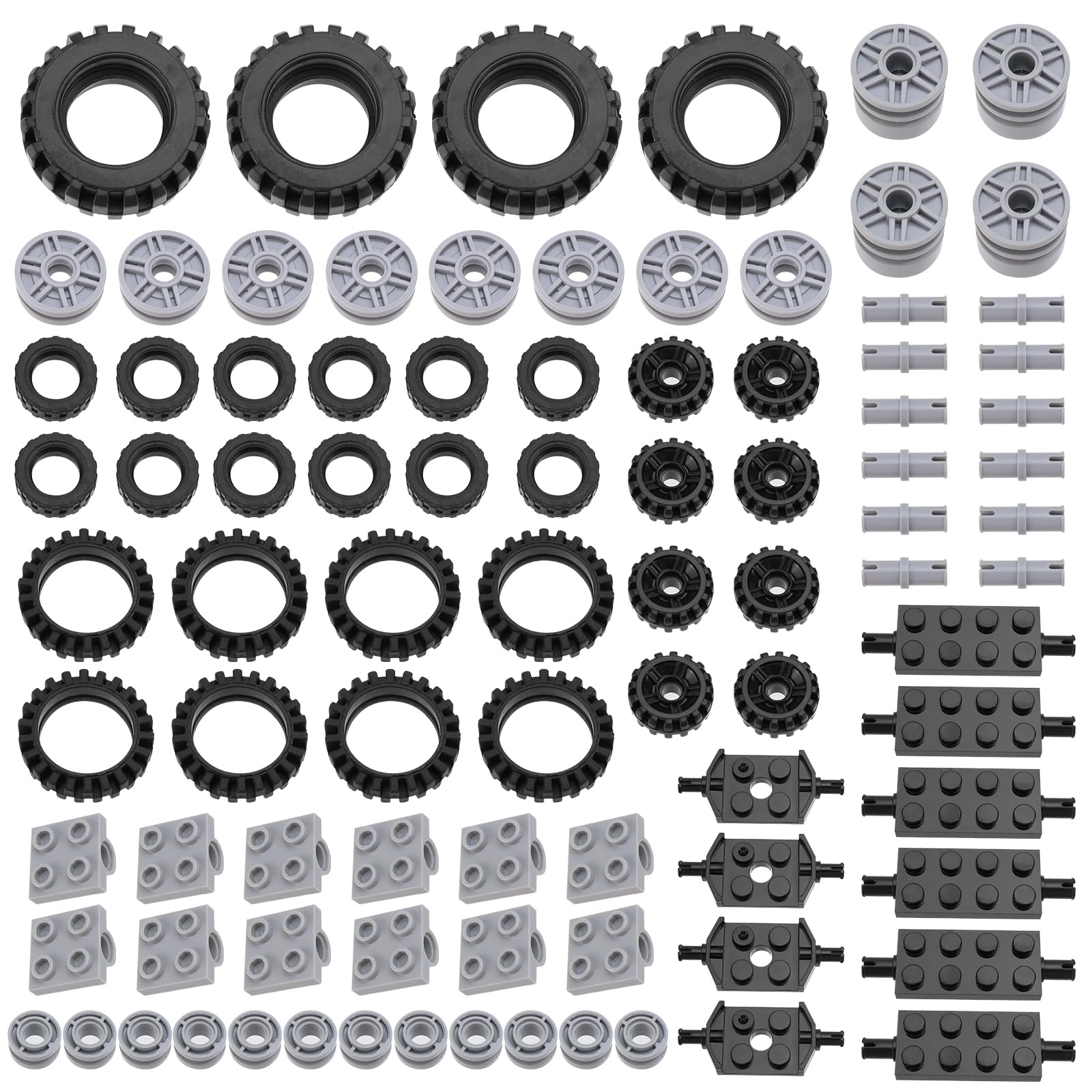 XUHN 90er Set Räder und Achsen Autoreifen Fahrwerksteile Technik Räder Reifen Felgen und Achs Set Kompatibel mit den wichtigsten Marken Ideal Teile für Fahrzeugkonstruktionen