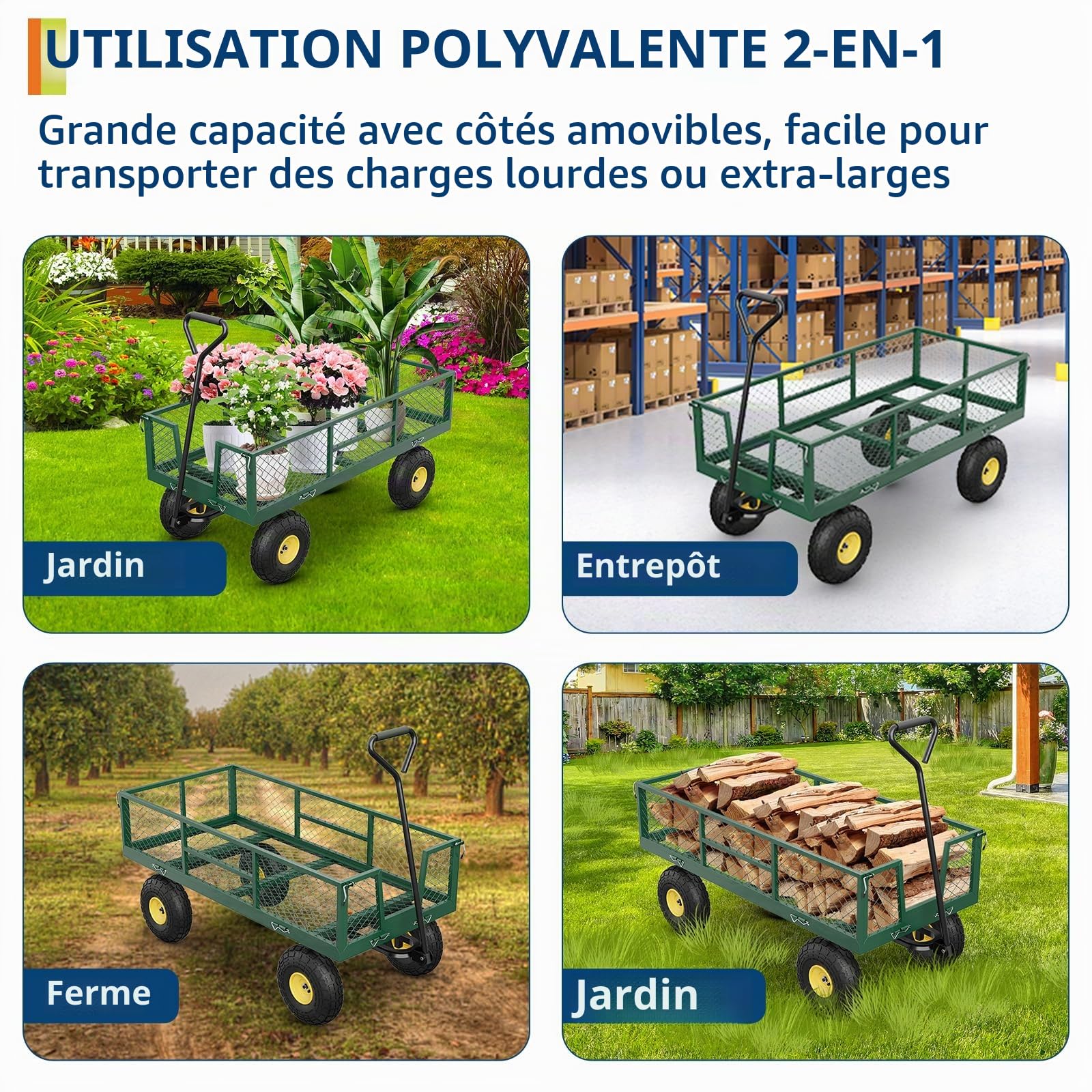 Garvee Chariot de Jardin Robuste 900LBS – Sides en Maille Amovibles – Poignée réglable – Pneus 25 cm – Corps Vert, poignée Noire, Rayons Jaunes