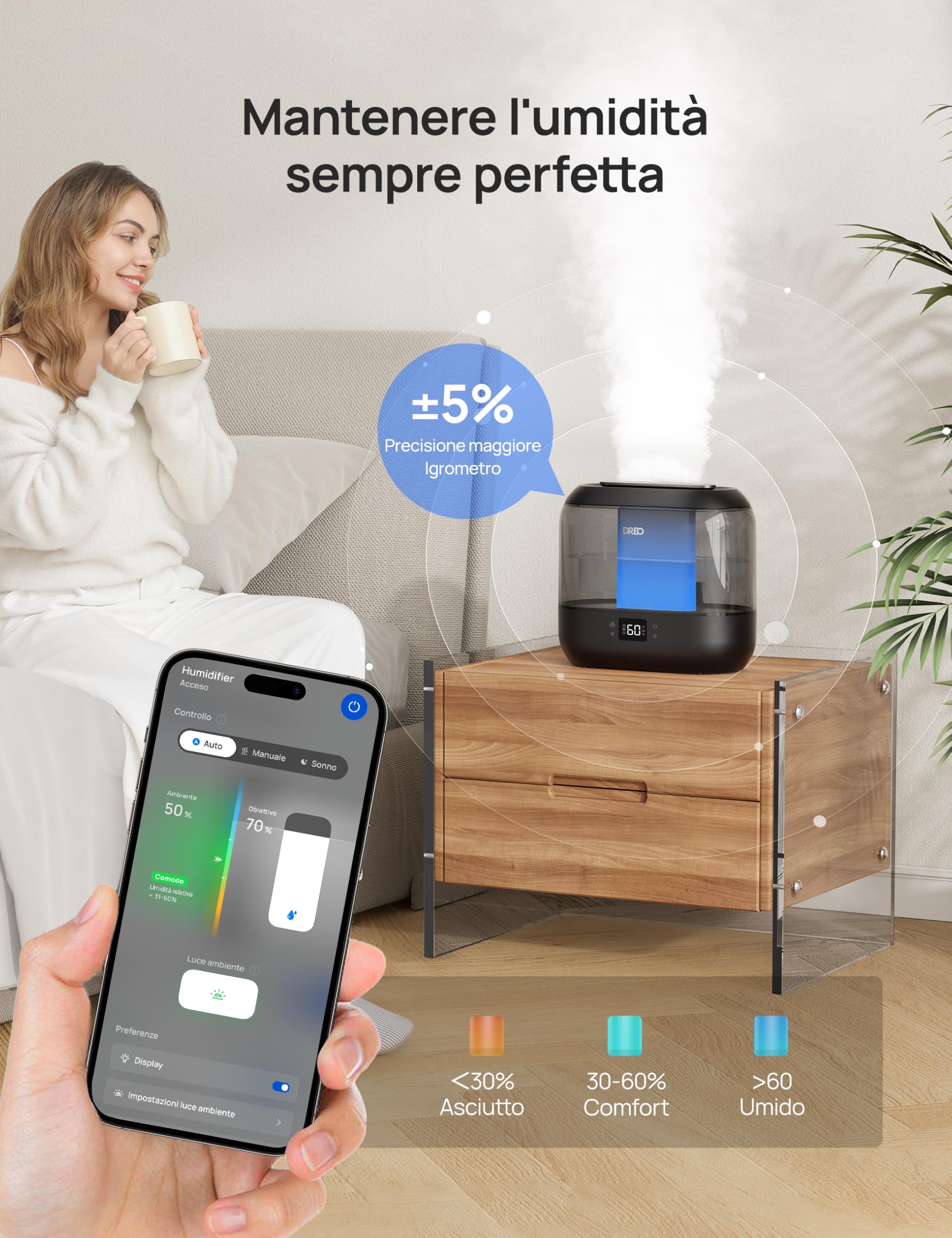 Dreo Umidificatore Smart per la Camera da Letto, Riempimento Superiore da 4L con Nebbia Fredda e Diffusore di Olio e Luce Notturna, Autonomia di 32 ore, Umidificatori Silenziosi per Casa, Ufficio