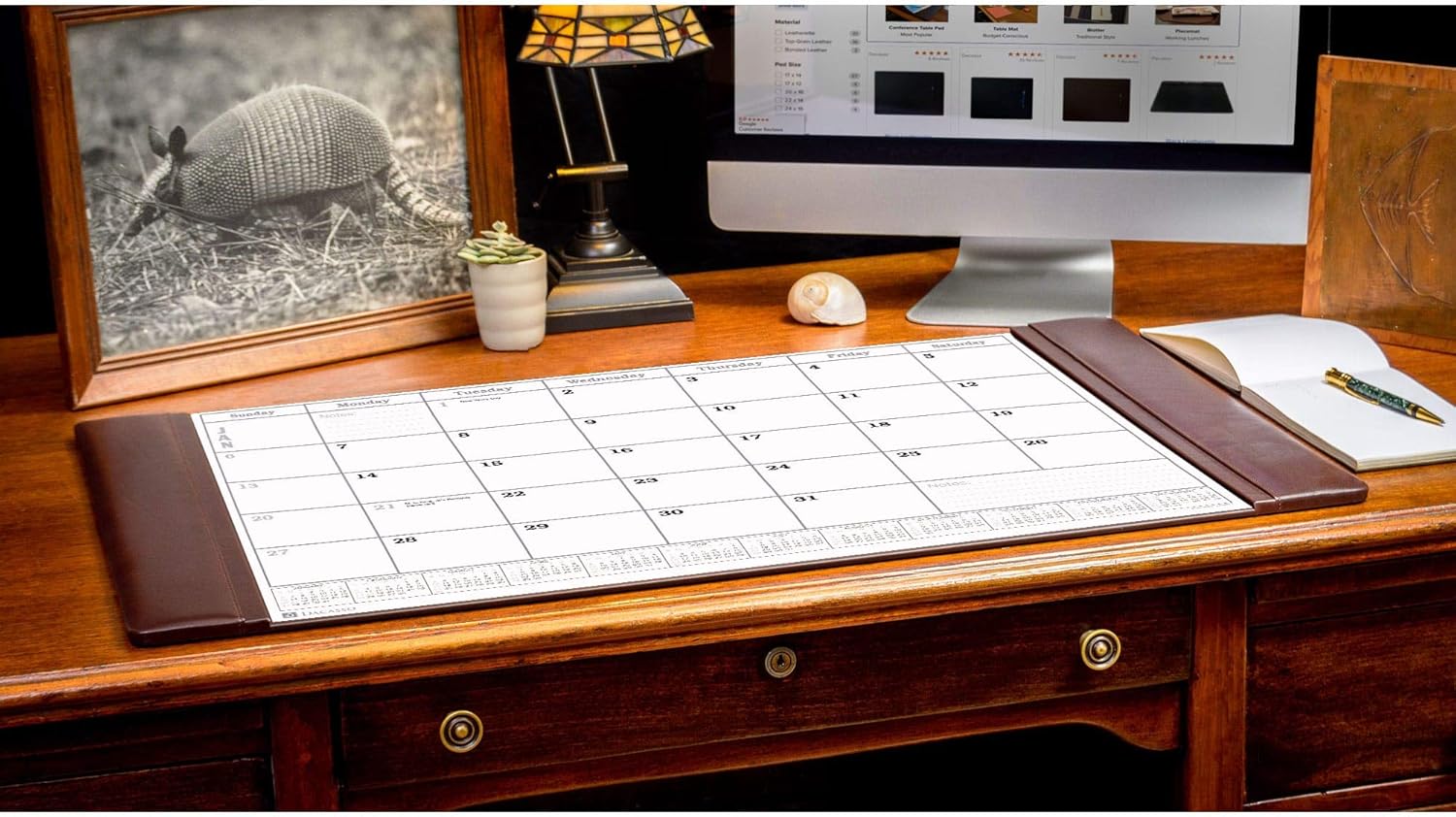 Chocolate Brown Leather Desk Pad w/Calendar, 34 x 20