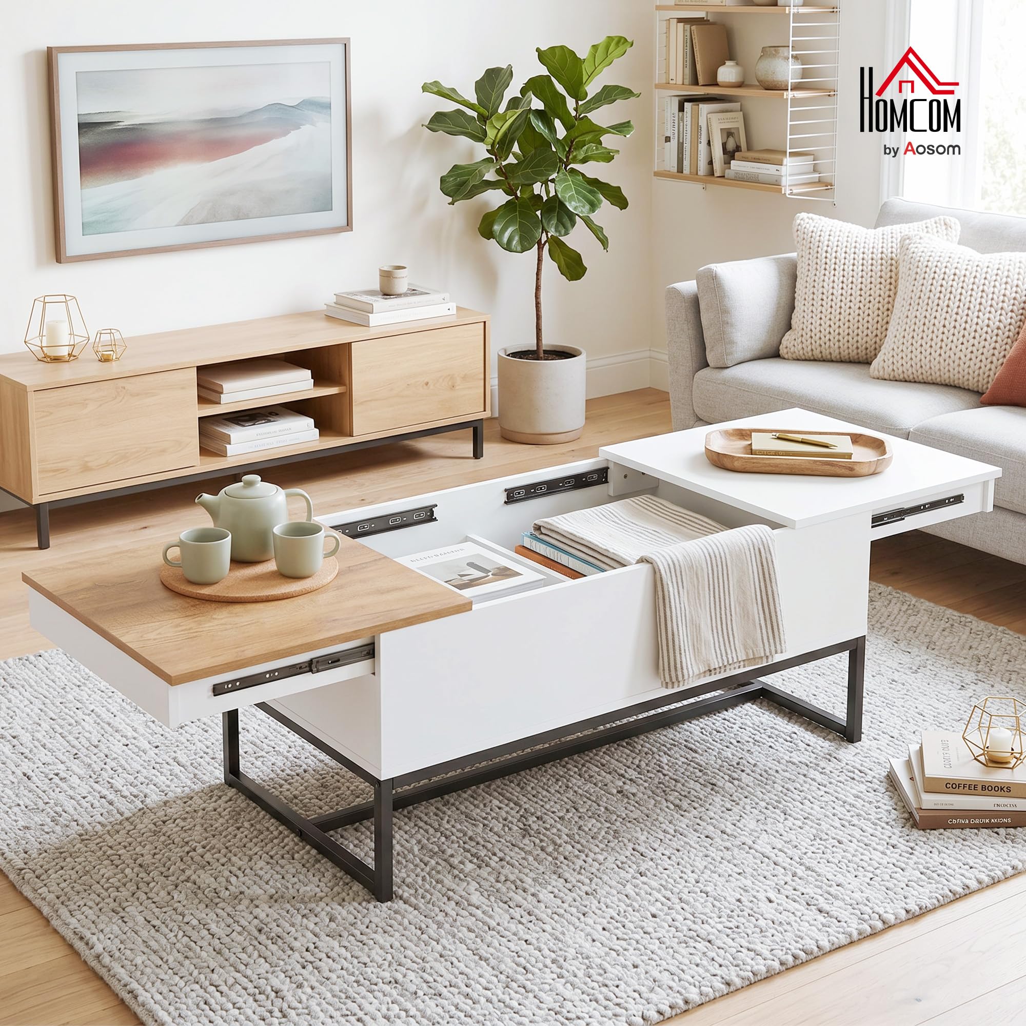 HOMCOM Tavolino Caffè Ripostiglio Nascosto 100x50x45cm Rovere+Bianco