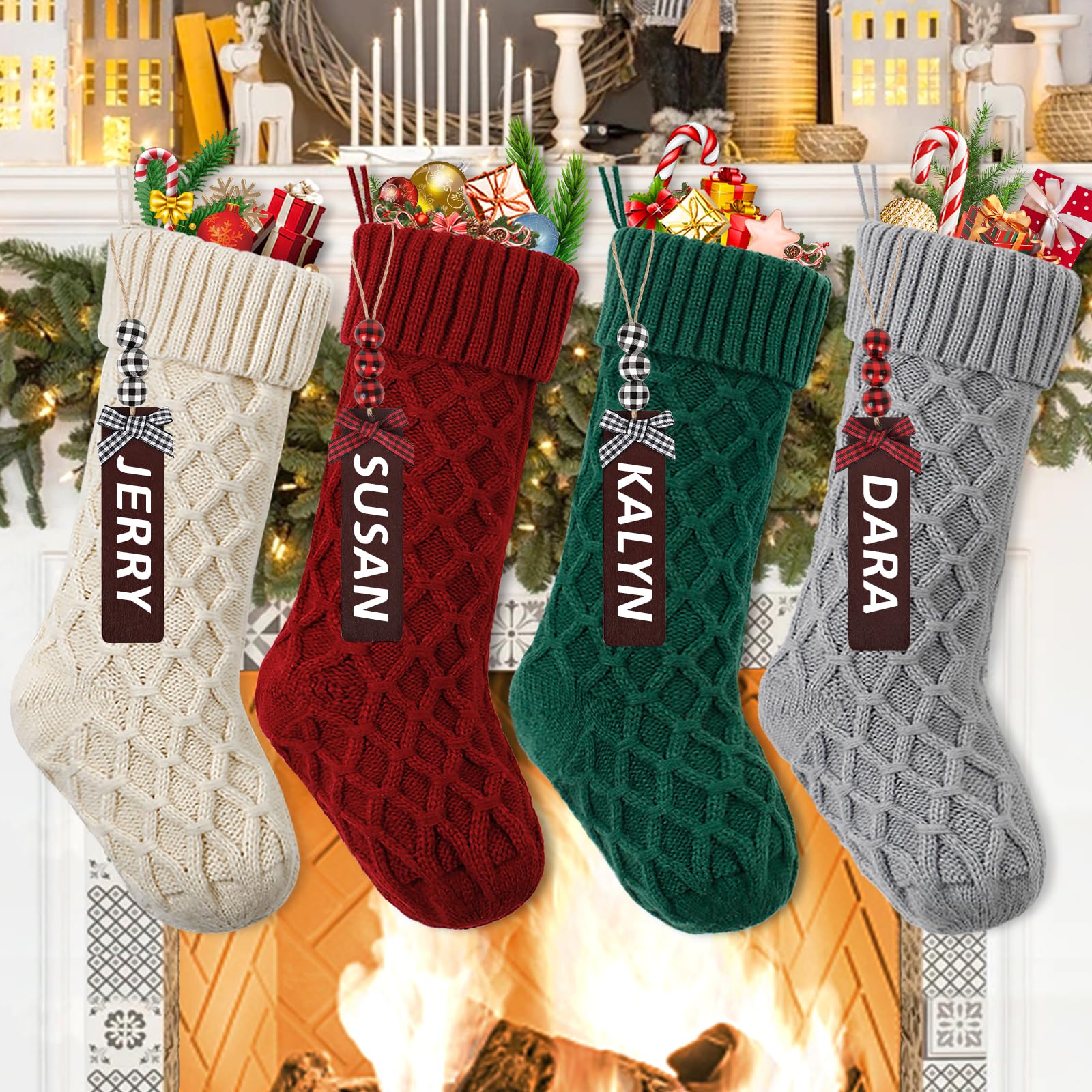 LOMOHOO Knit Christmas Stockings with Name Tags,18 inches Large Christmas Stockings Set of 4 Xmas Rustic Personalized Stocking Decorations for Family Holiday Season Decor Kids Xmas Decorations