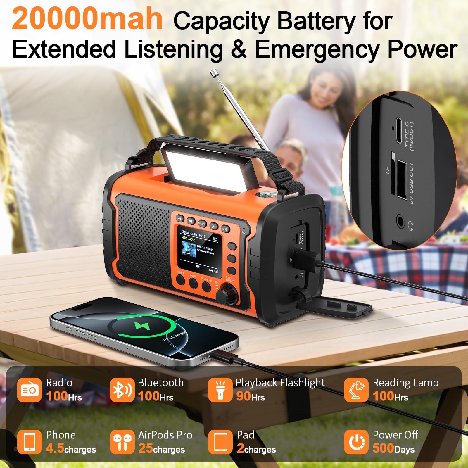 Radio di Emergenza DAB+/FM 20000mAh con Powerbank, Solare e Manovella | Bluetooth 5.3, SOS, Torcia e Luce da Lettura per Casa, Campeggio, Camper e Blackout, Arancione