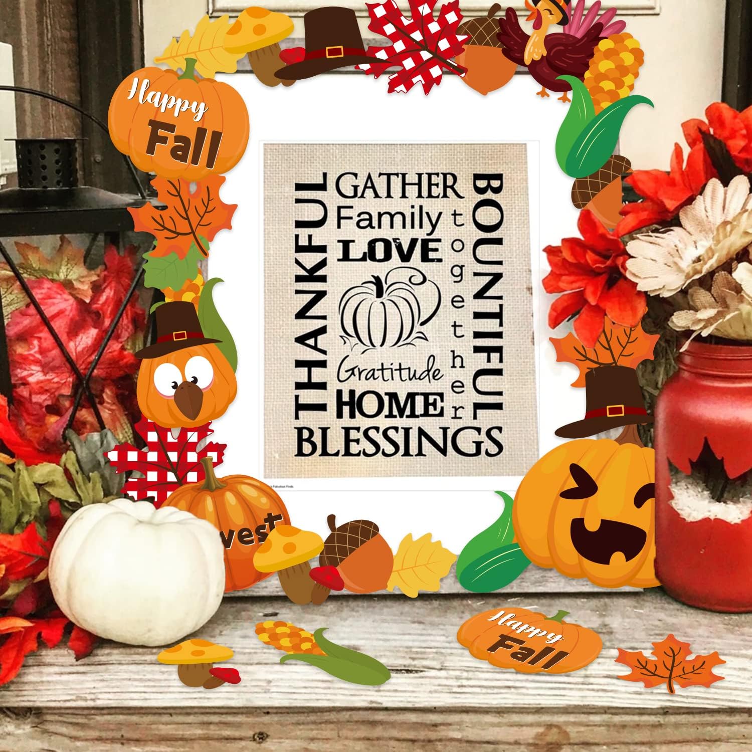 Haooryx 74PCS Happy Fall Yall Bulletin Board Decoration Pumpkin Paper Turkey Cut Outs for Autumn Farmhouse School Classroom Thanksgiving Theme Chalkboard Blackboard Bulletin Board Cutouts Supply Decor