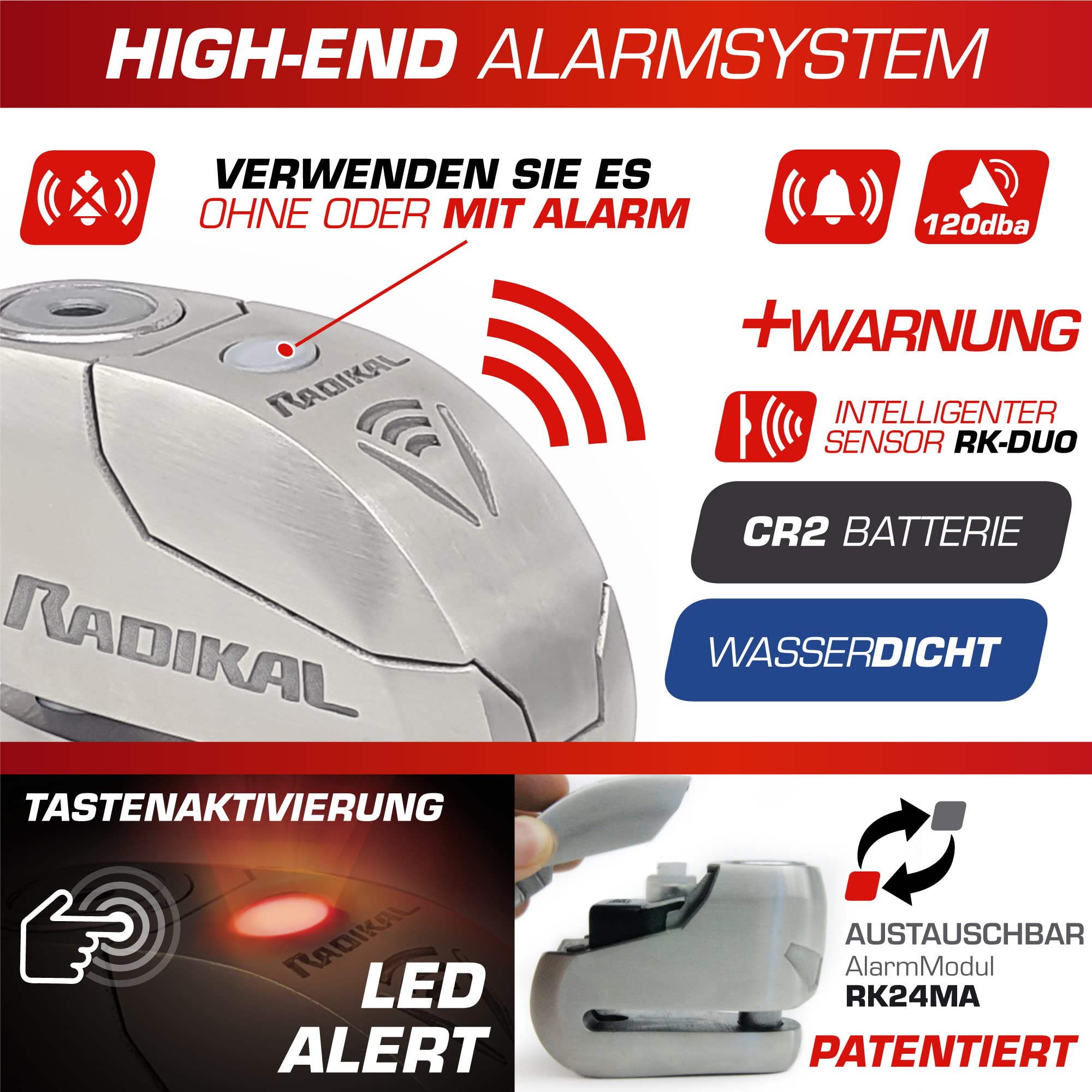 RADIKAL RK14S Bremsscheibenschloss Premium mit Alarm | Aktivierung nach Wahl, 120 dB, LED Warnung Voralarm | Motorrad Schloss SRA-Zertifiziert, aus Edelstahl, Doppelverriegelung Ø14, INOX