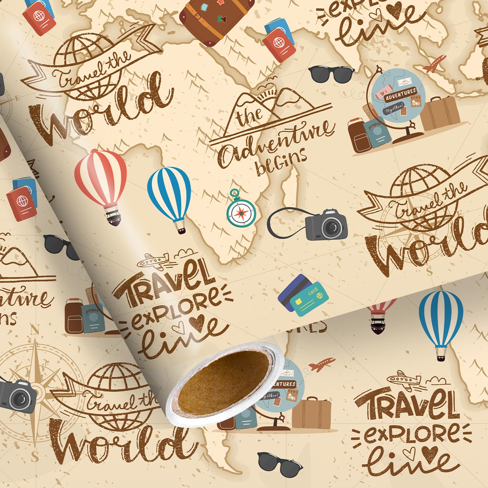 NEWEST Vintage Travel Wrapping Paper Roll, World Map Gift Wrap, 43 cm x 5 m