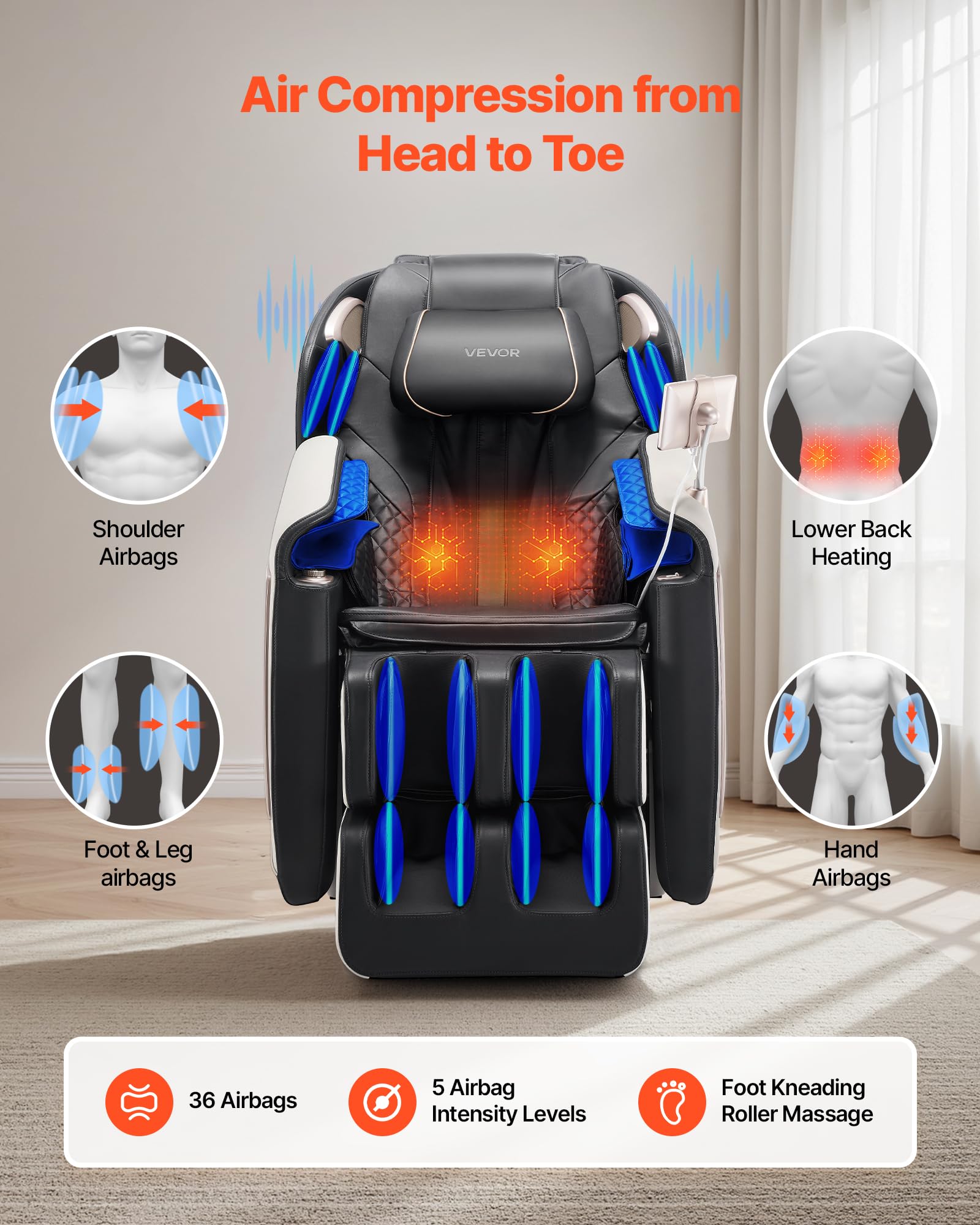 VEVOR Fauteuil de Massage avec Rail SL, Fauteuil Relaxation Massage 3D inclinable, zéro gravité, 18 Modes automatiques, Chauffant, avec pédale rétractable, 36 airbags, écran LCD, Boutons d'accoudoir