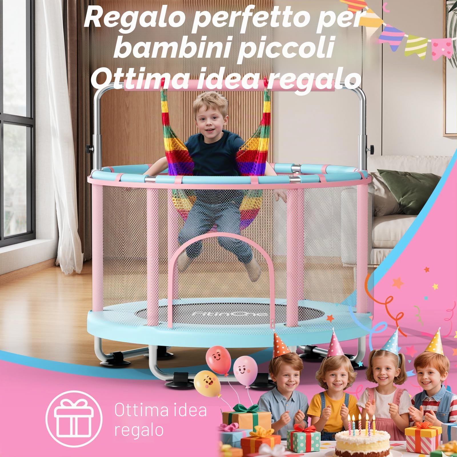 FitinOne Trampolino per bambini, 140 cm, mini trampolino per bambini piccoli per interni ed esterni con altalena, 199,6 kg, trampolino per bambini, sbarra da ginnastica, regali di compleanno per