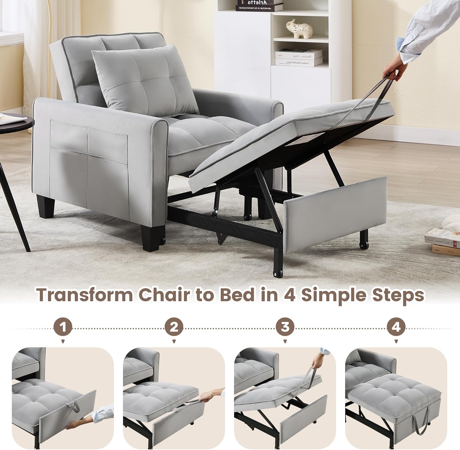 Convertible Sleeper Chair, 3 in 1 Sleeper Chair Bed Pull Out Sofa Bed Chairs, Velvet Single Sofa Beds with Adjustable Backrest for Adults Reading Living Room, Bedroom, Light Grey