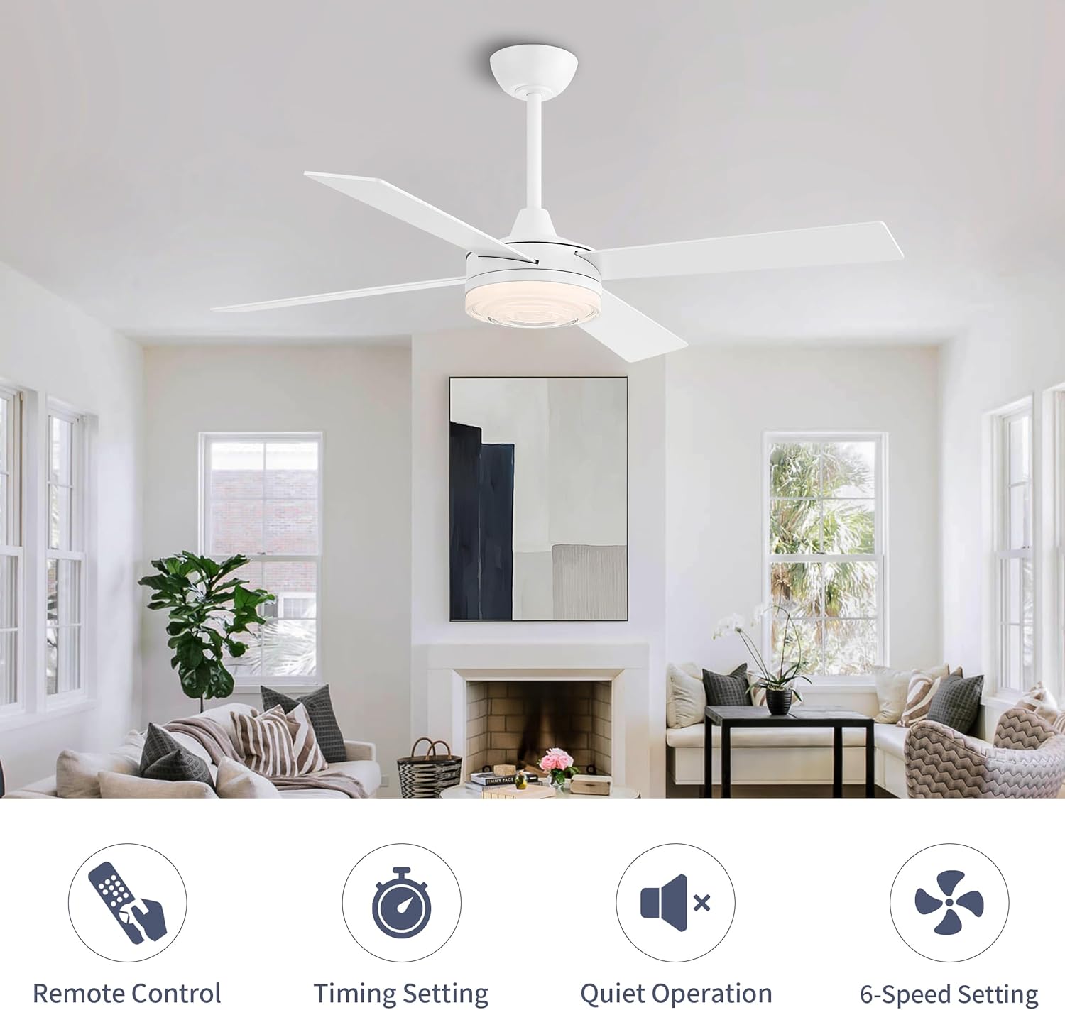 WINGBO 52 Inch Ceiling Fan with Lights and Remote, 3CCT, Modern Ceiling Fan with Ripple Glass Shade, 6-Speed Reversible DC Motor for Bedroom Living Room Kitchen Hallway, Gloss White