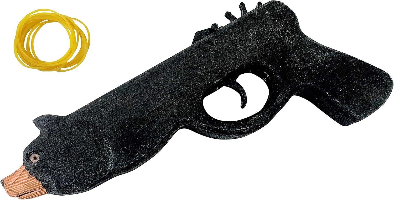 Animal Rubber Band Gun - Quality Wood & Handcarved - Easy Load - 8 Rubber Bands per Set (Bear)