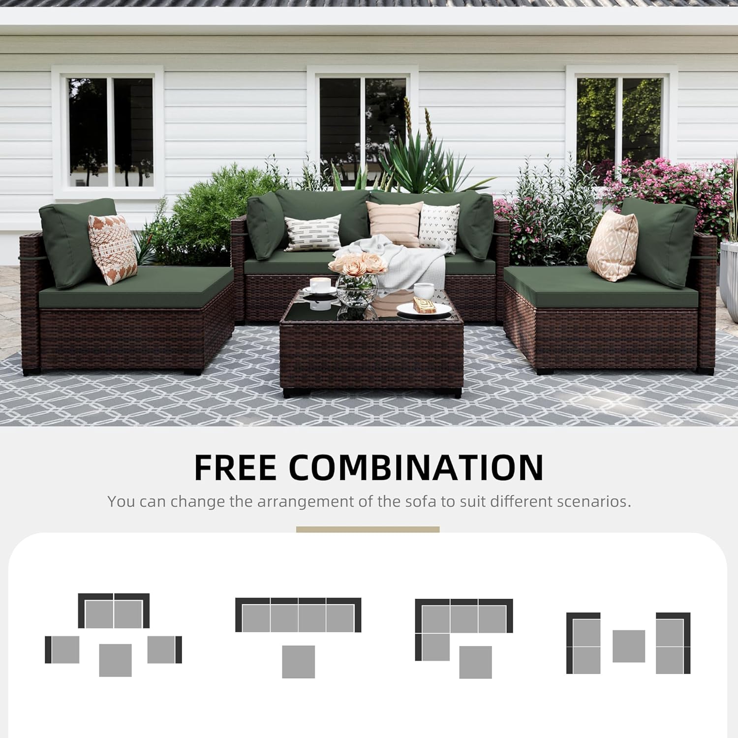 UPHA 5 Pieces Patio Furniture Sets, Wicker Outdoor Sectional Sofa Couch with Coffee Table, Patio Conversation Set for Deck Backyard Garden, Brown Rattan, Pine Green Cushion