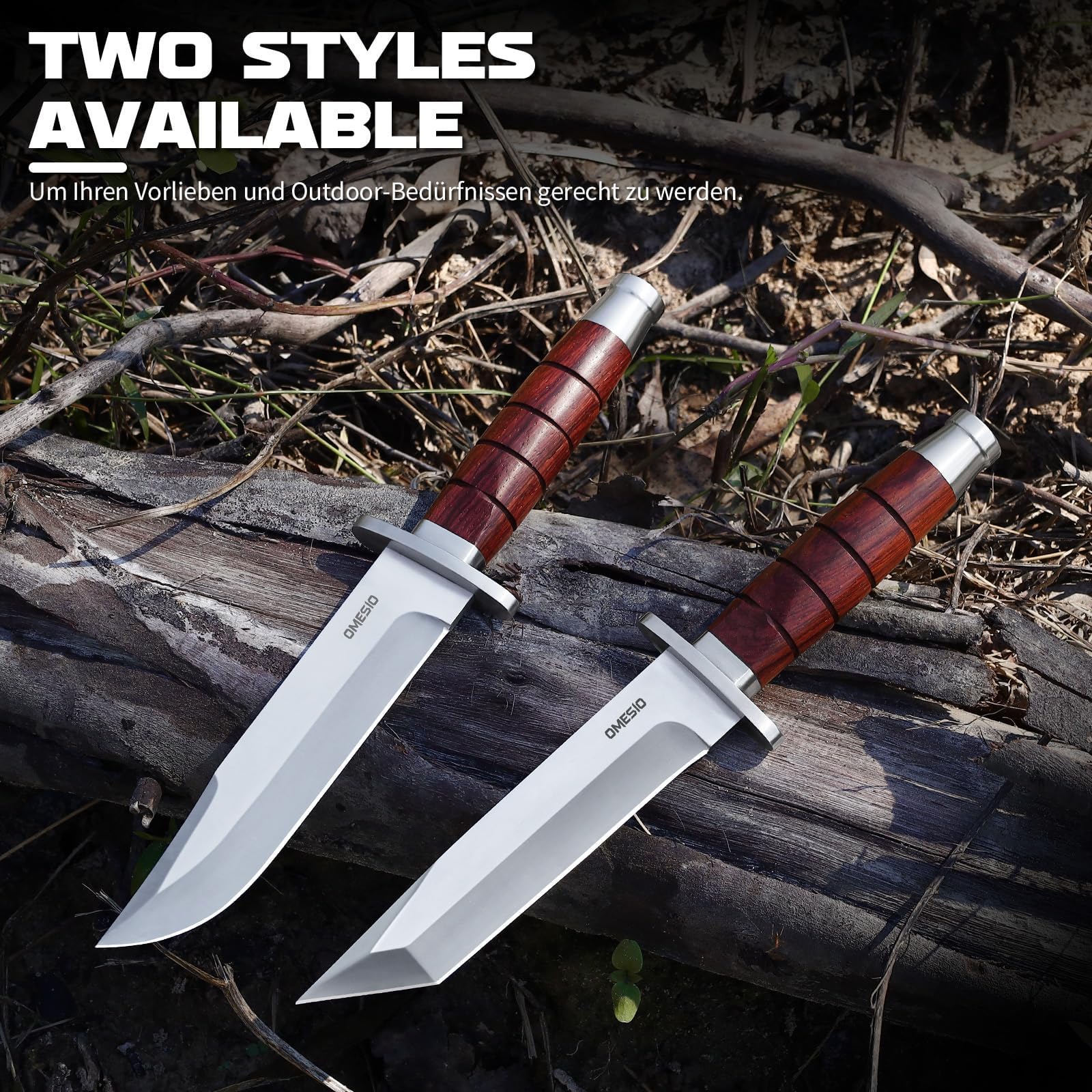 Omesio Cuchillo Outdoor Hoja Fija 5Cr14MoV con Funda de Cuero | Mango de madera maciza con funda de cuero, ideal para camping, senderismo y actividades al aire libre.