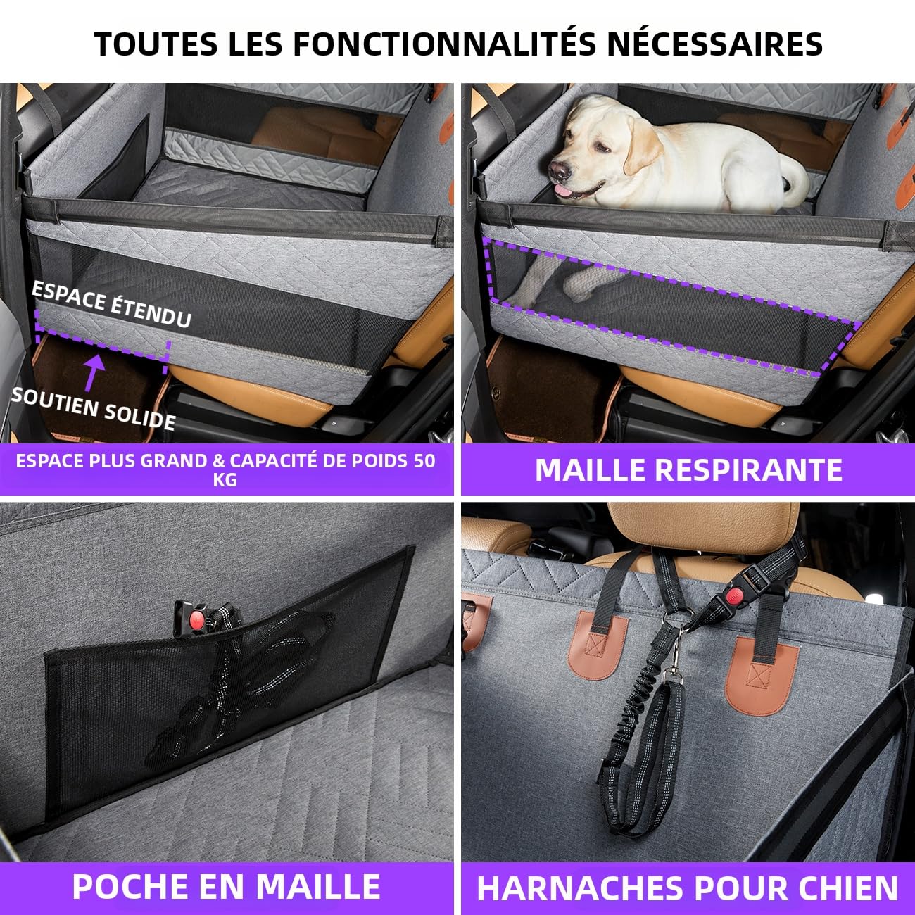 GGW Siège Auto Banquette arrière Gros Chiens 30kg avec Sangle Gris L | lavable en machine, fond antidérapant, matelas imperméable, rallonge incluse, plaque rigide autour, installation facile