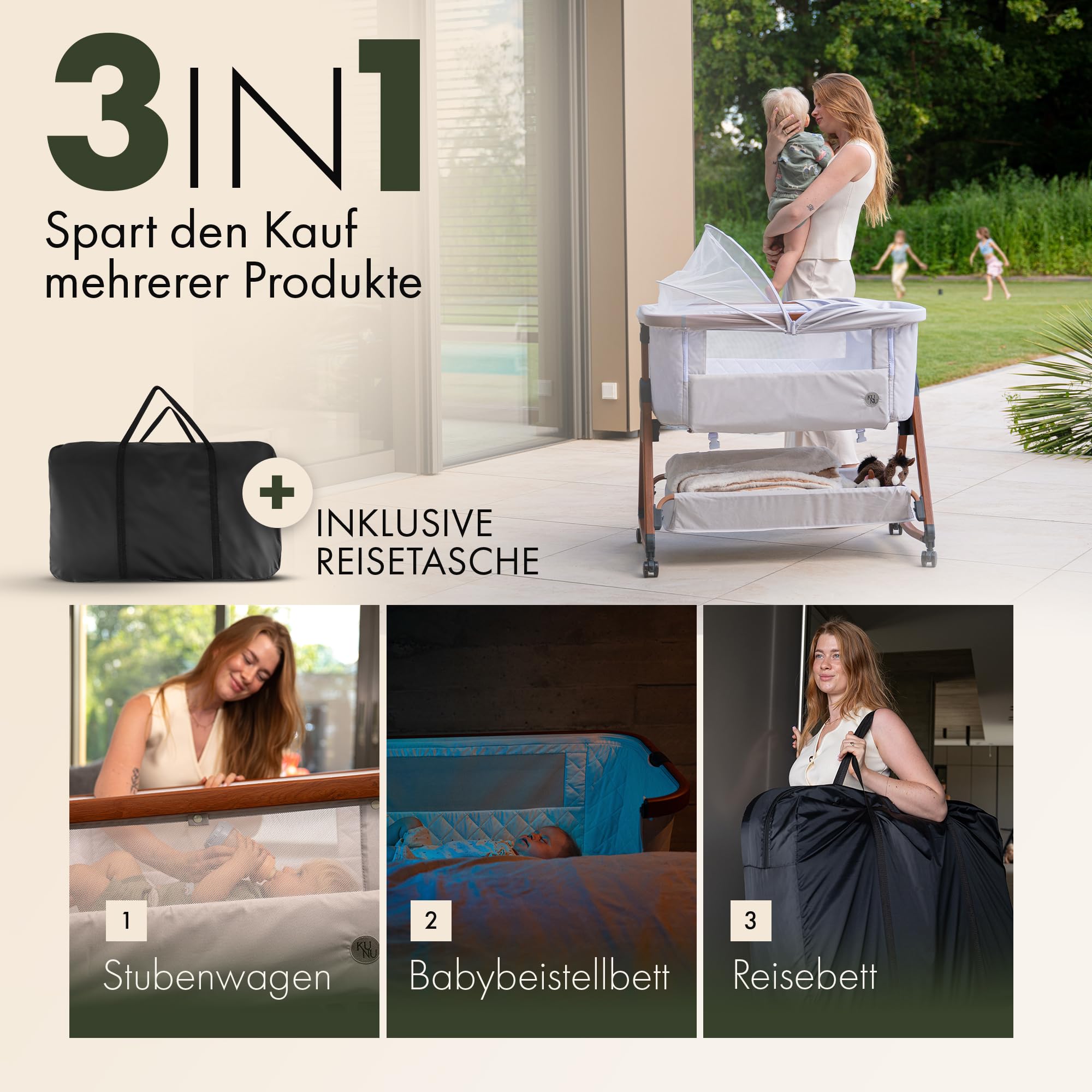 KUNU Babybett Beistellbett mit Rollen für Boxspringbett 3 in 1 rollbares Baby Bett Reise Babywiege Stubenwagen höhenverstellbar inkl Reisetasche