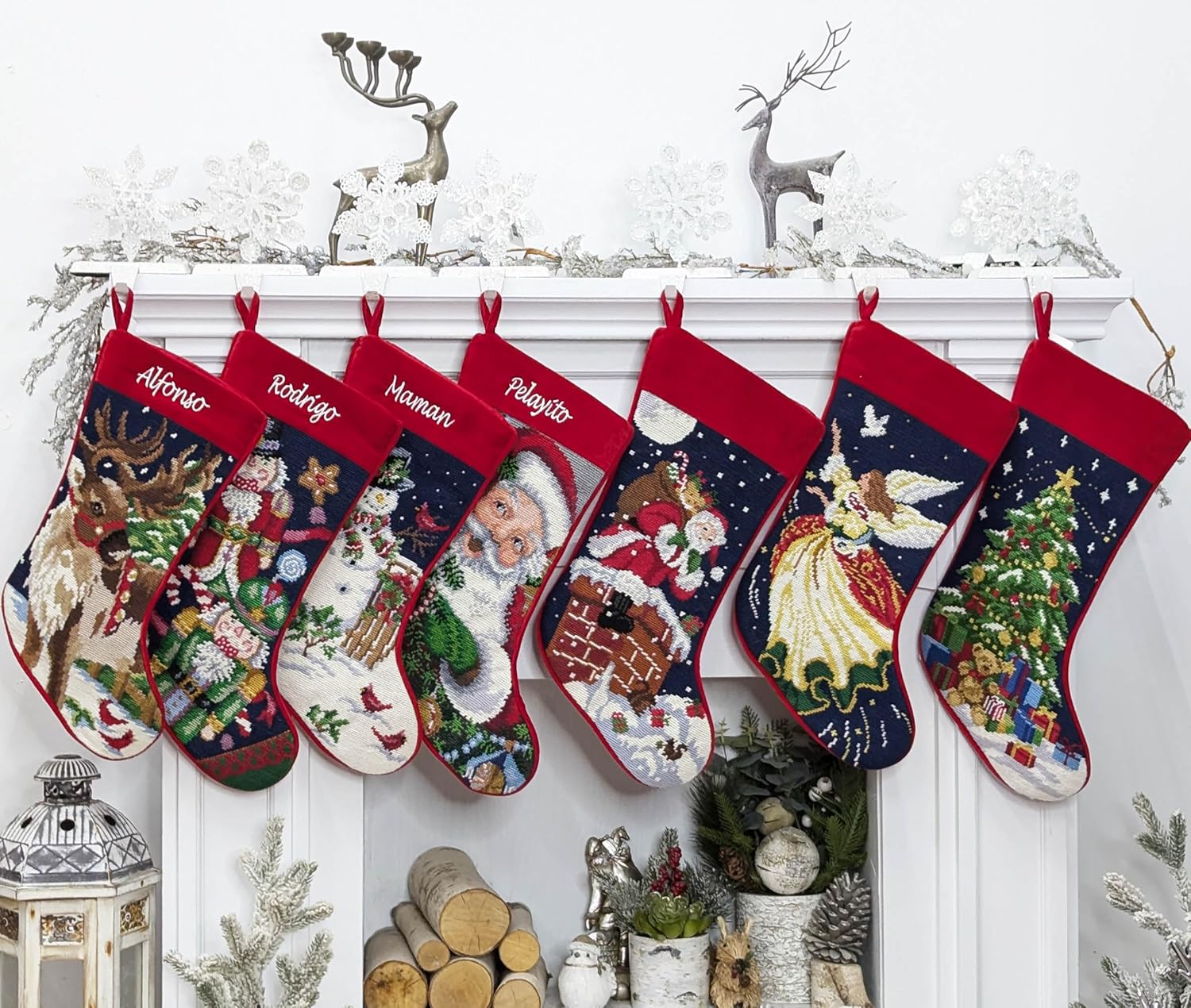 Santa on Chimney Needlepoint Christmas Stocking - Finished Wool Needle Point Family Holiday Keepsake Décor