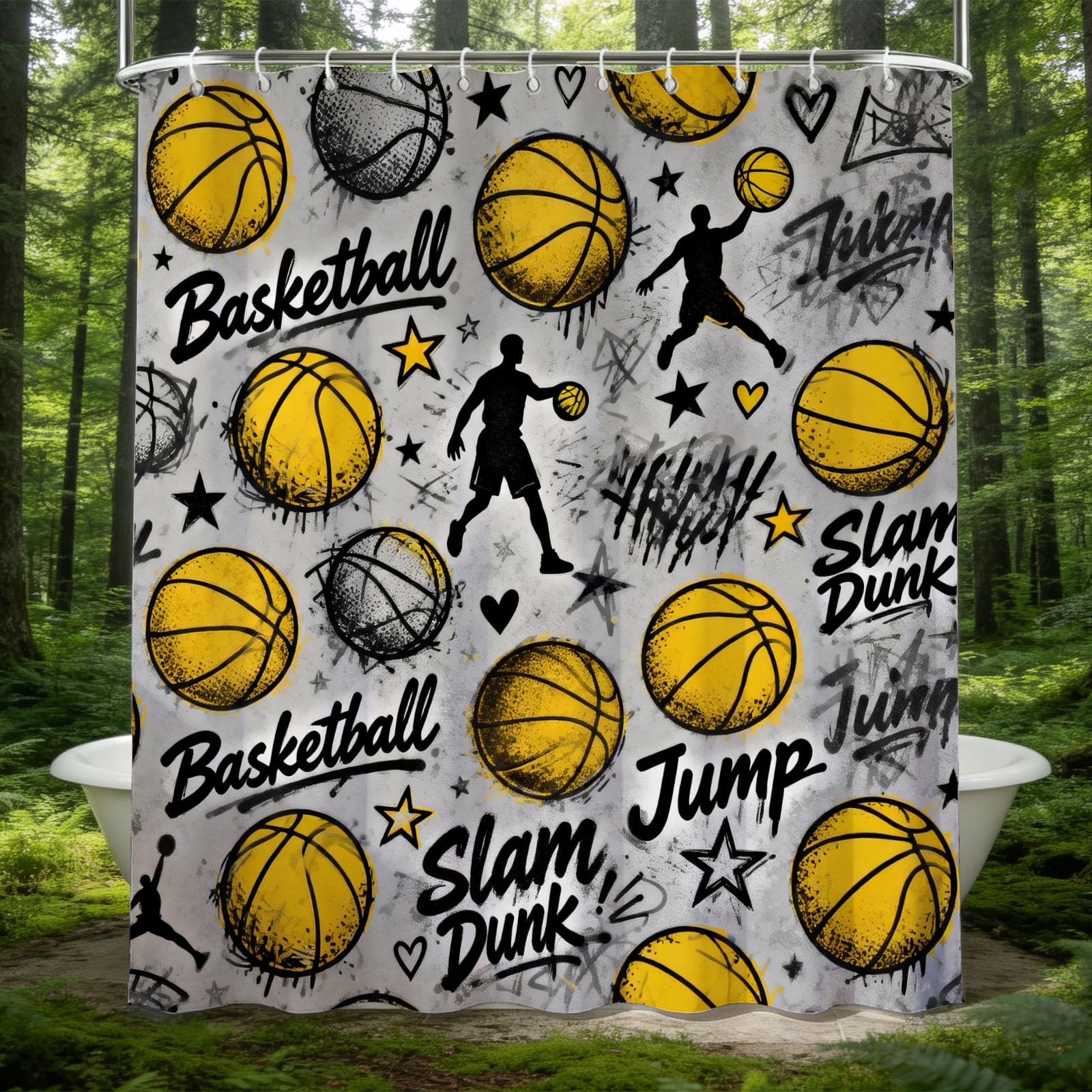 Hongduo 3D Basketball Pattern Shower Curtain for Stalls Bathtubs Sports Bathroom Decor Shower Curtain Set Polyester Fabric Waterproof 200x200cm/79X79 Inch with Hooks
