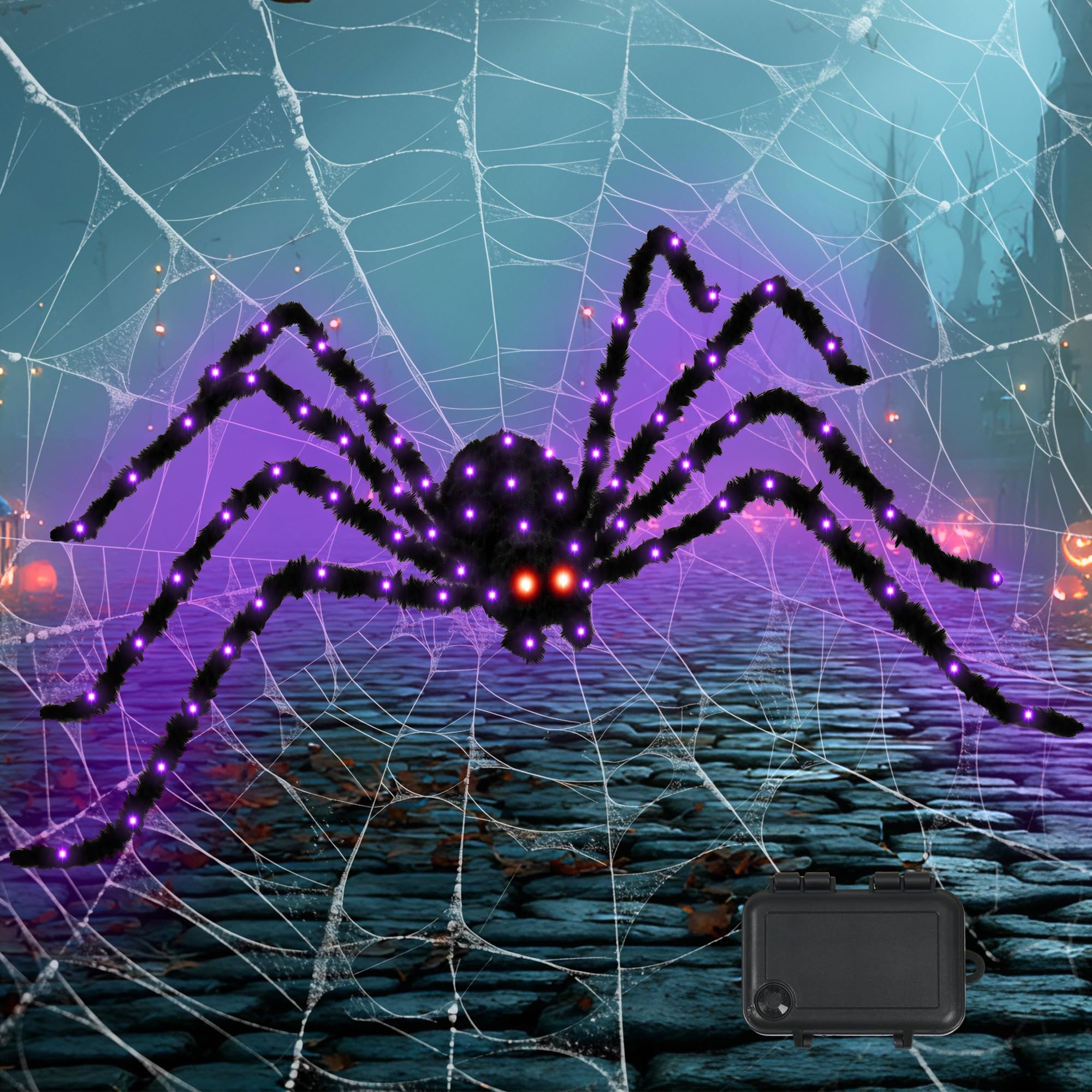Halloween Decorations Halloween Spider Lights with Timer 82 LED Light Up Giant Spider Outdoor Waterproof Battery Operated for Indoor Decor, Includes Artificial Spider Web,1 Pack