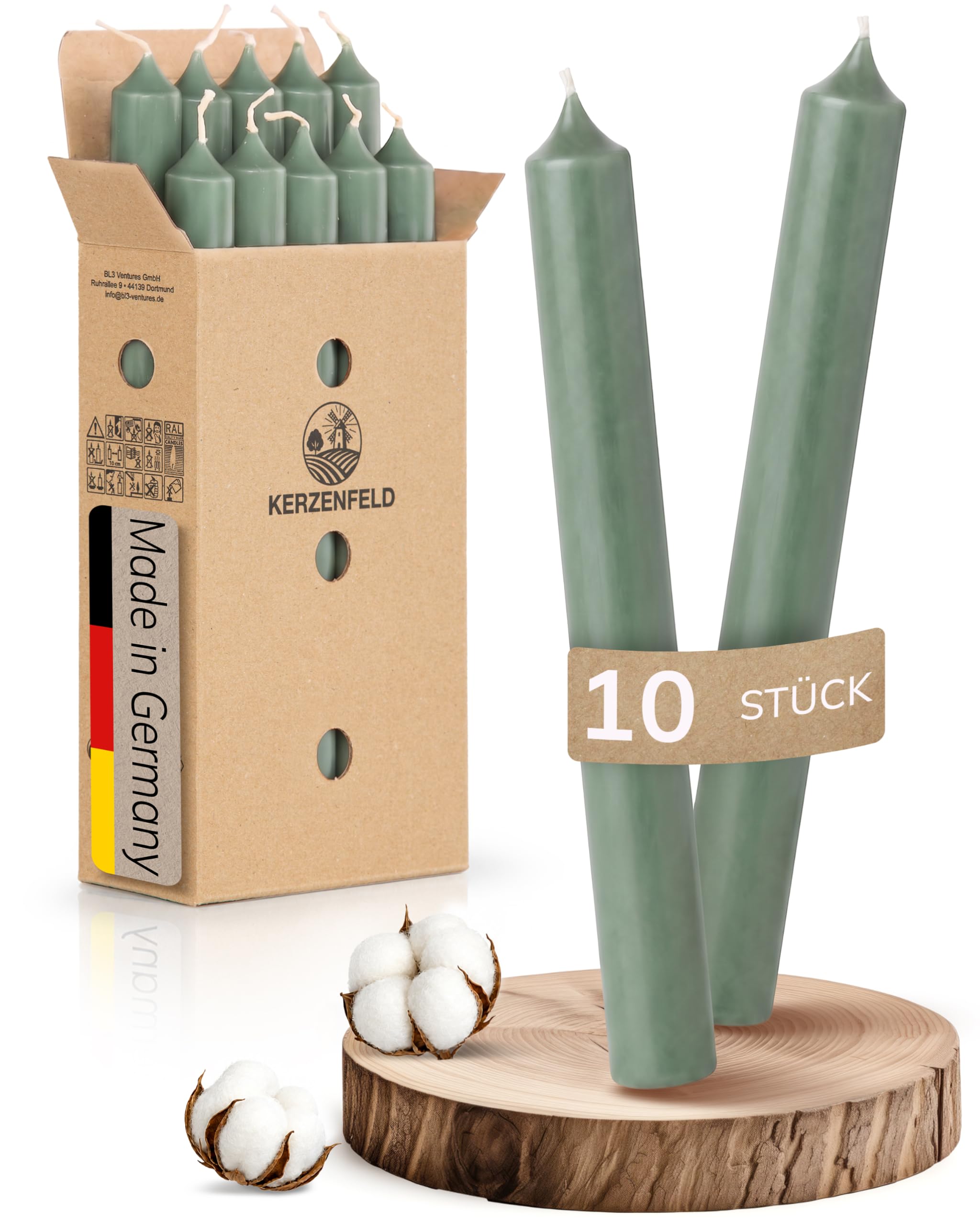 Stabkerzen, Eukalyptus 10 Stück, 180mm x 22mm, 2-fach getaucht, 7+ Stunden Brenndauer, Made in Germany, Ohne Tropfen & Rußen - Unparfümierte und RAL-Zertifizierte Tafelkerzen