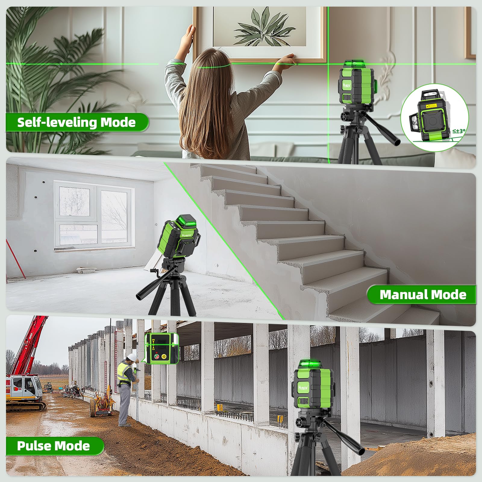 Huepar Nivel Láser Autonivelante 360 Grados, Nivel Láser 3D 360° Verde con Modo de Pulso, Kit con Soporte Magnético, Maletín Rígido y USB-C, para Construcción y Bricolaje - HM03CG