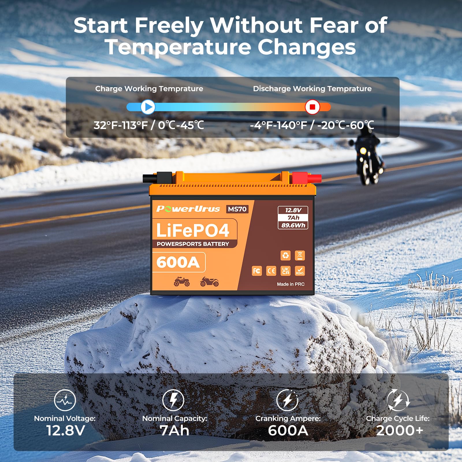 Batteria al Litio per Moto, Batteria PowerUrus al Litio LiFePO4 da 12 V con BMS 12,8 V 7 Ah 600 CCA YTX4L-BS Batterie di Avviamento per Moto LiFePO4 per ATV, UTV